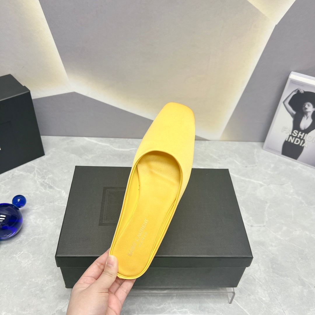 SL SQUARE TOE FLAT MULES LEMON SATIN