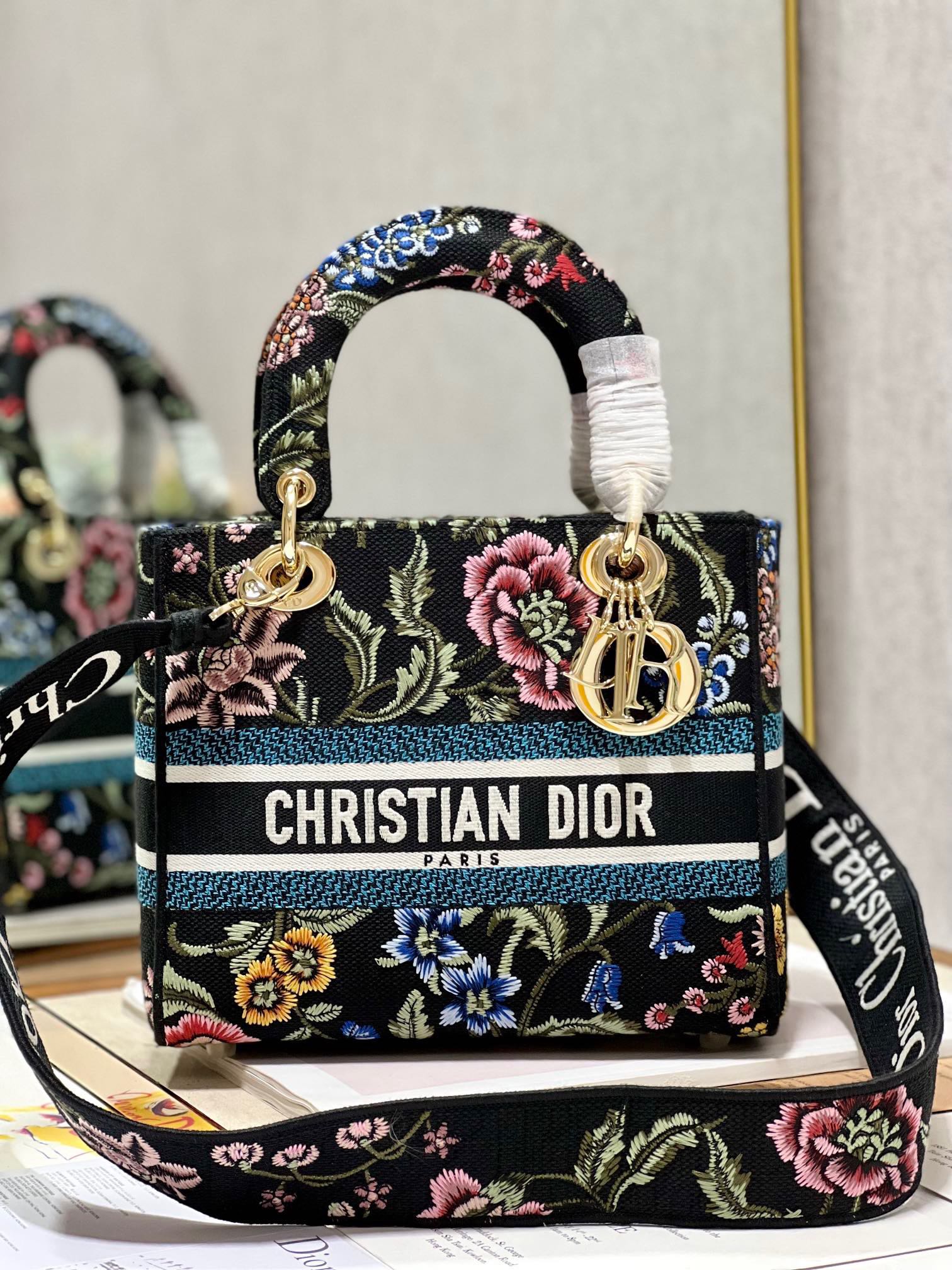 CD Flower Black Lady Dior Bag Canvas 336670