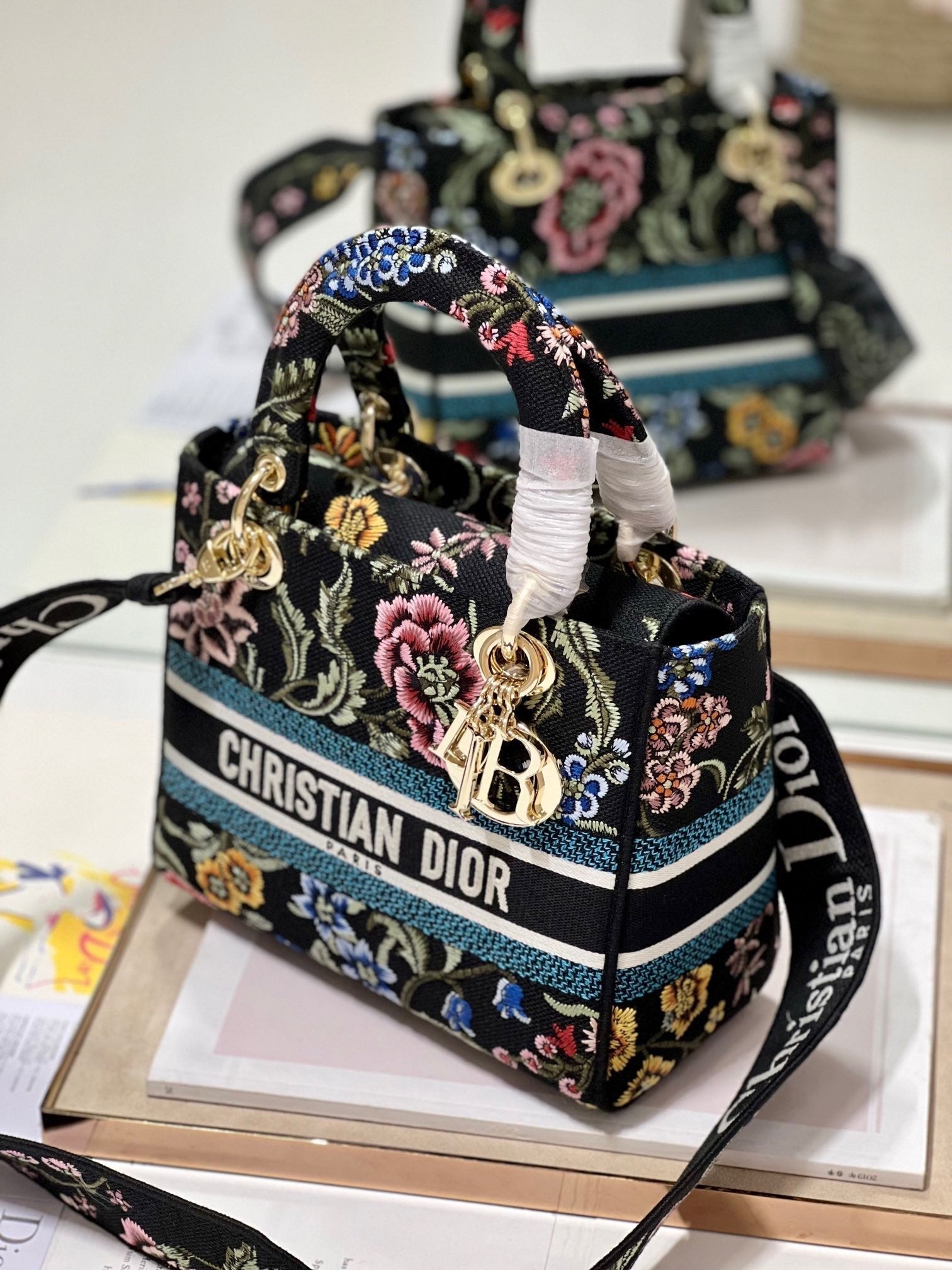 CD Flower Black Lady Dior Bag Canvas 336670