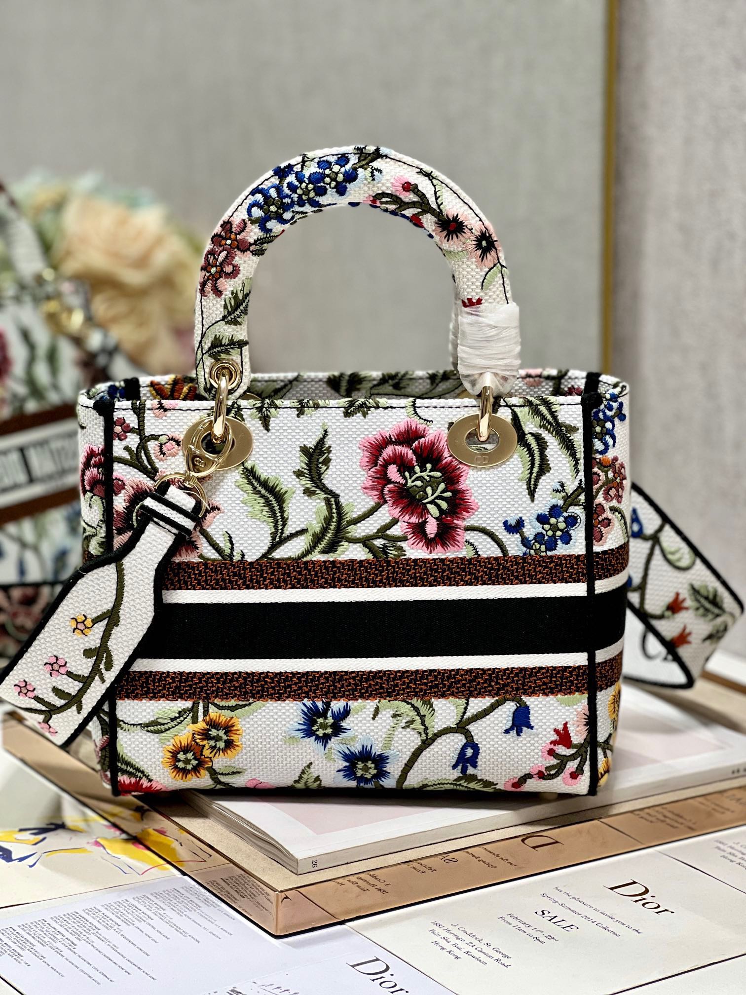 CD Floral White Lady Dior Bag Canvas 336682