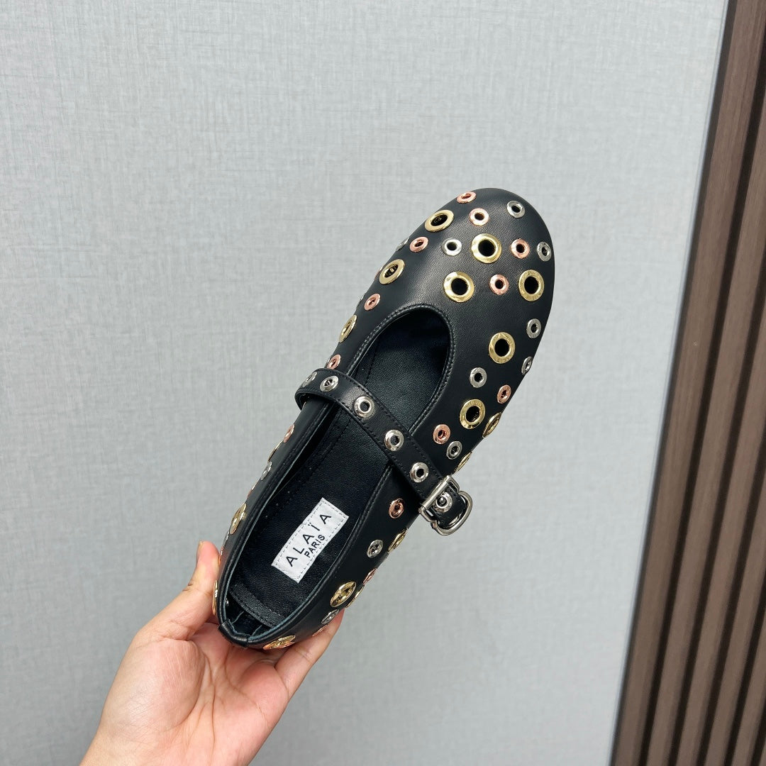 ALAIA MARY JANE SHOES IN BLACK LAMBSKIN GOLD MIX SILVER HARDWARE