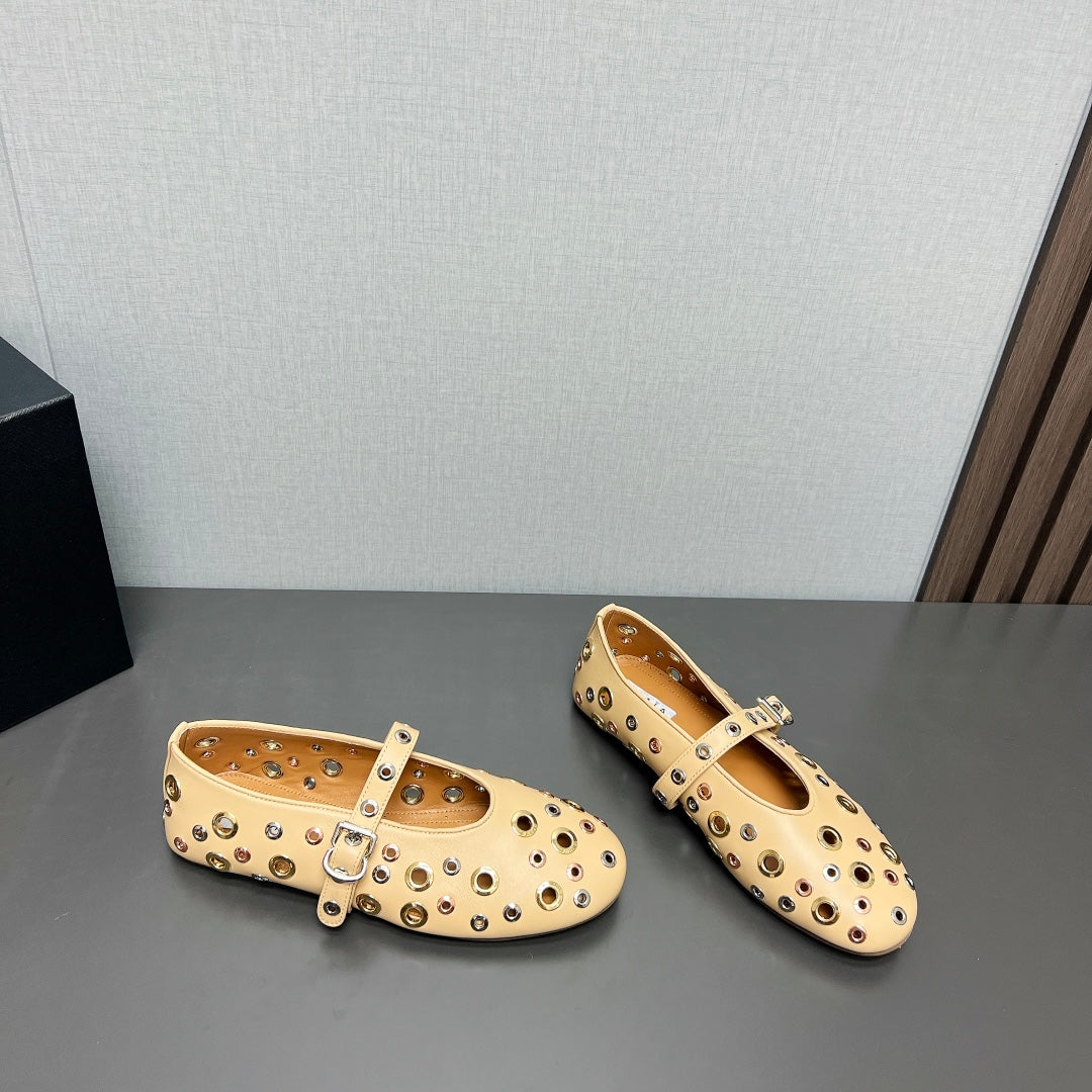 ALAIA MARY JANE SHOES IN BEIGE CREAM LAMBSKIN GOLD MIX SILVER HARDWARE