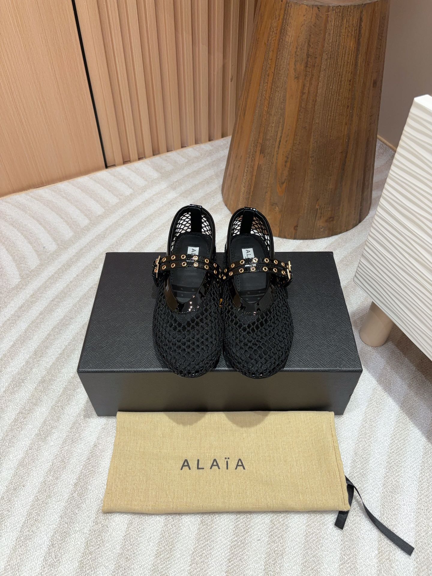 alaia ballet flat fishnet black lambskin double strap