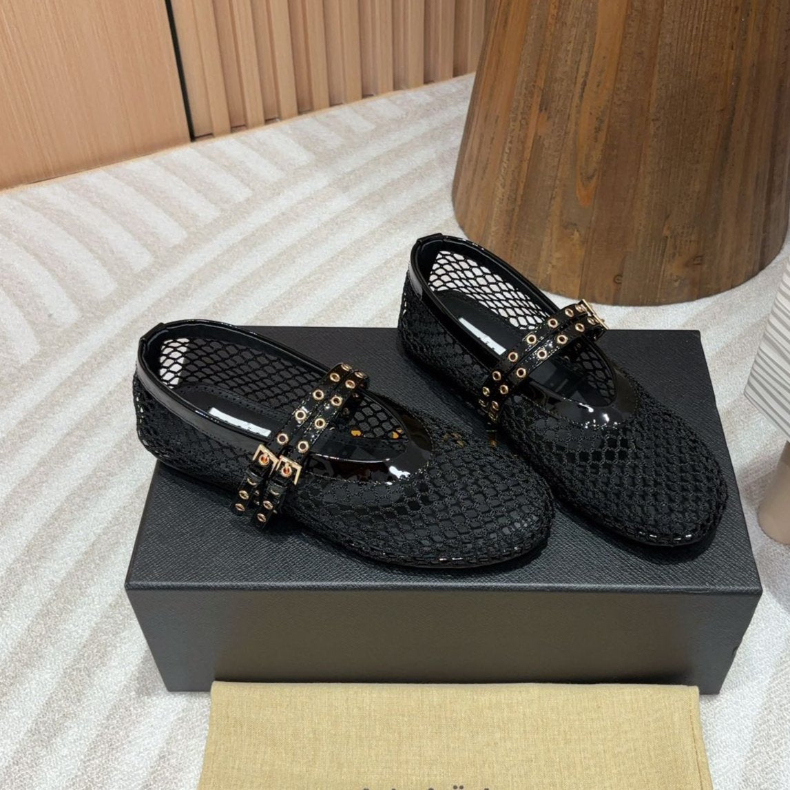 alaia ballet flat fishnet black lambskin double strap