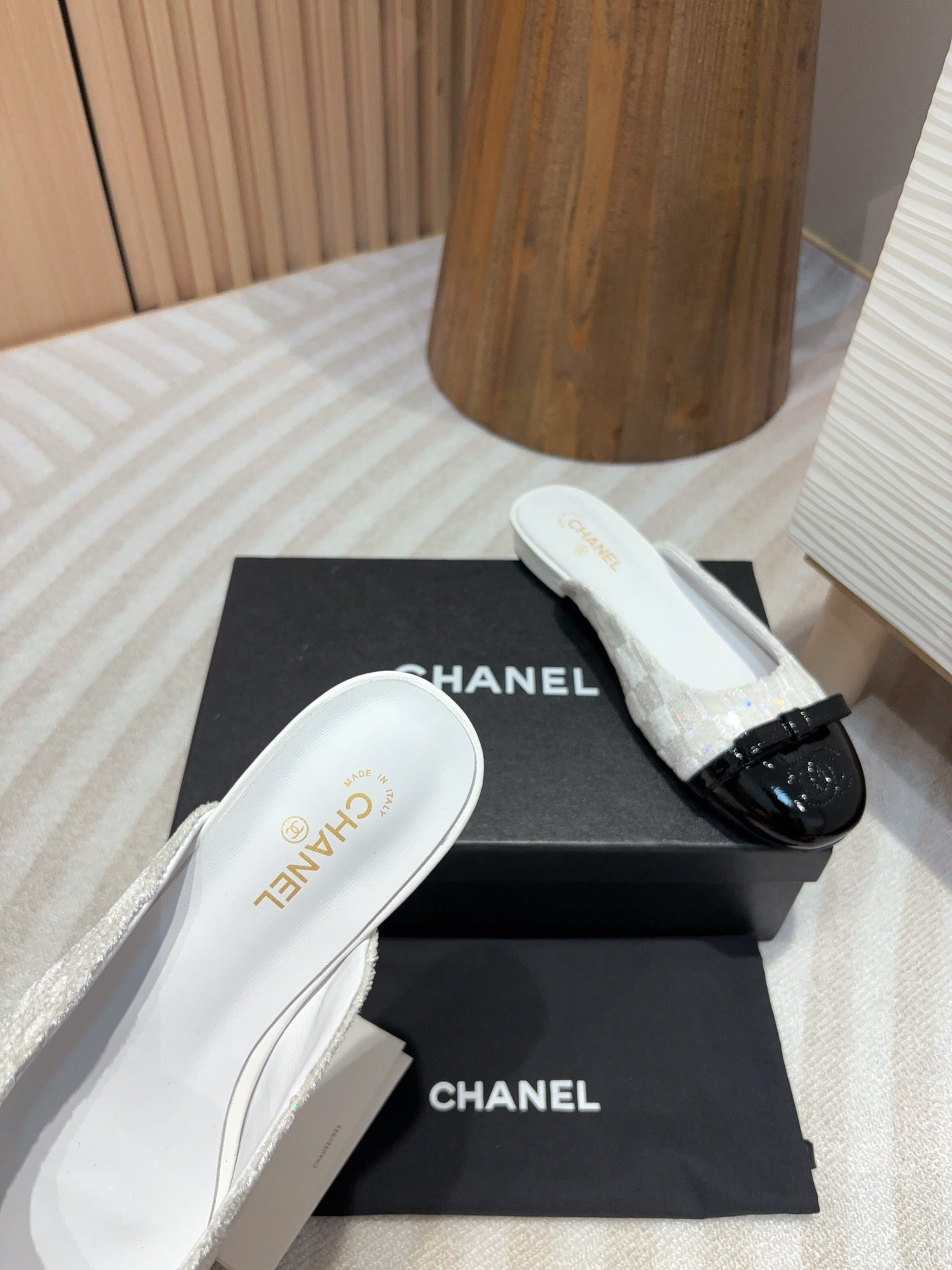 cc mule white tweed sequin black patent calfskin