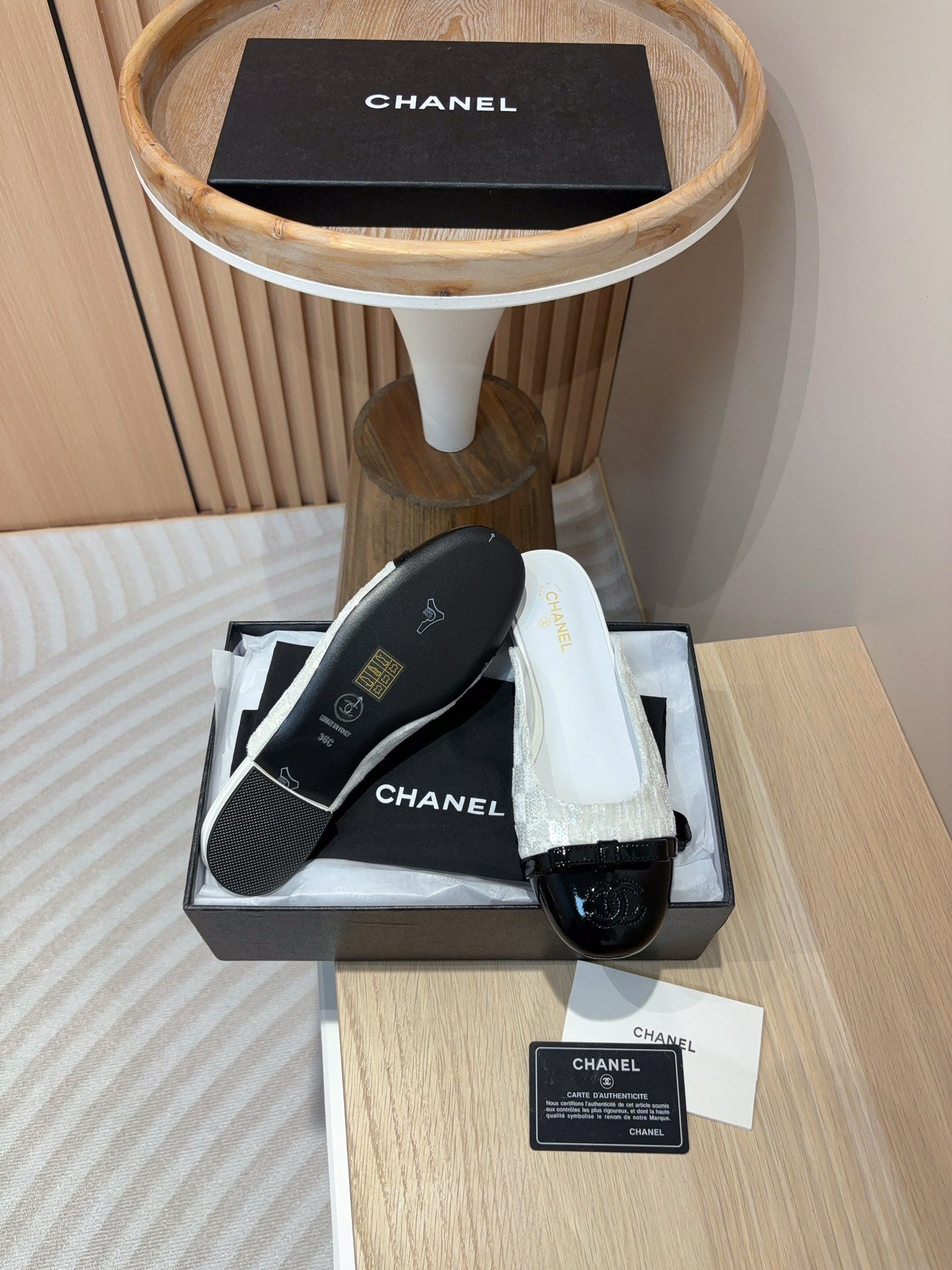 cc mule white tweed sequin black patent calfskin