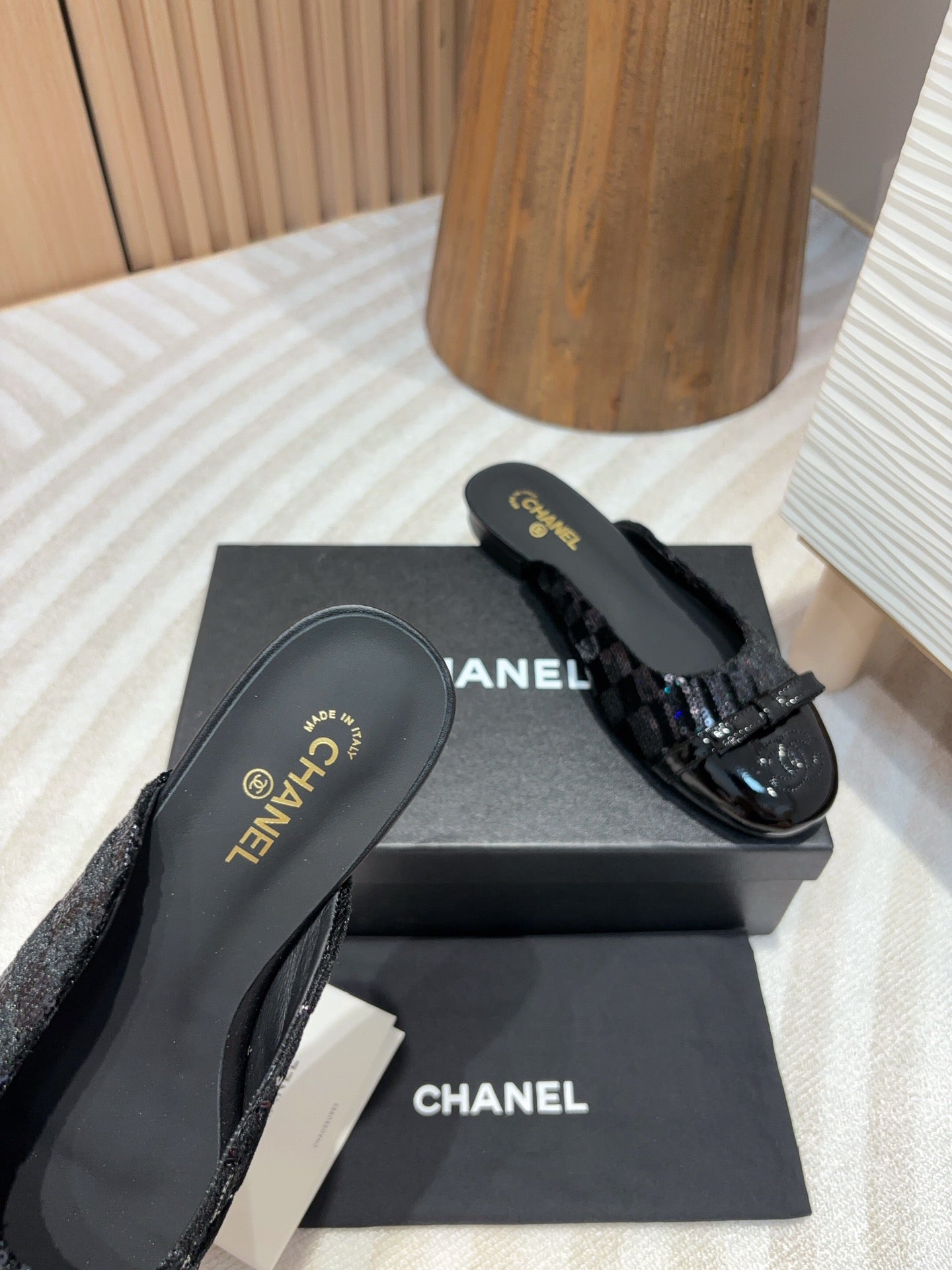 cc mule black tweed sequin black patent calfskin