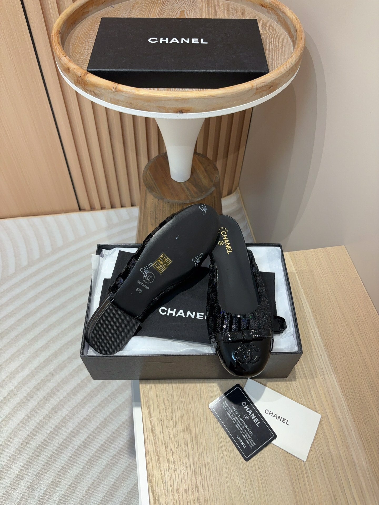 cc mule black tweed sequin black patent calfskin