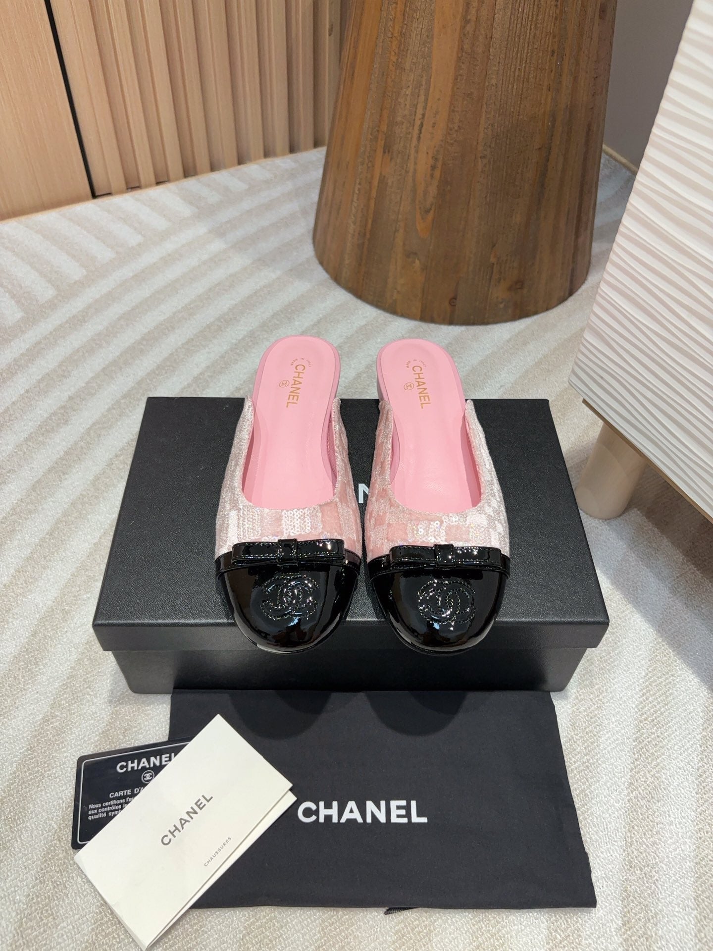 cc mule pink tweed sequin black patent calfskin