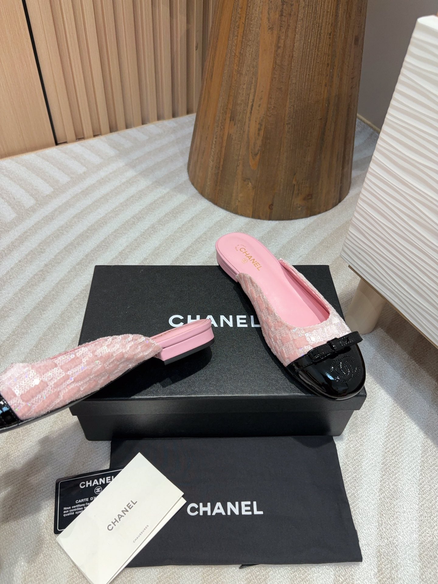 cc mule pink tweed sequin black patent calfskin