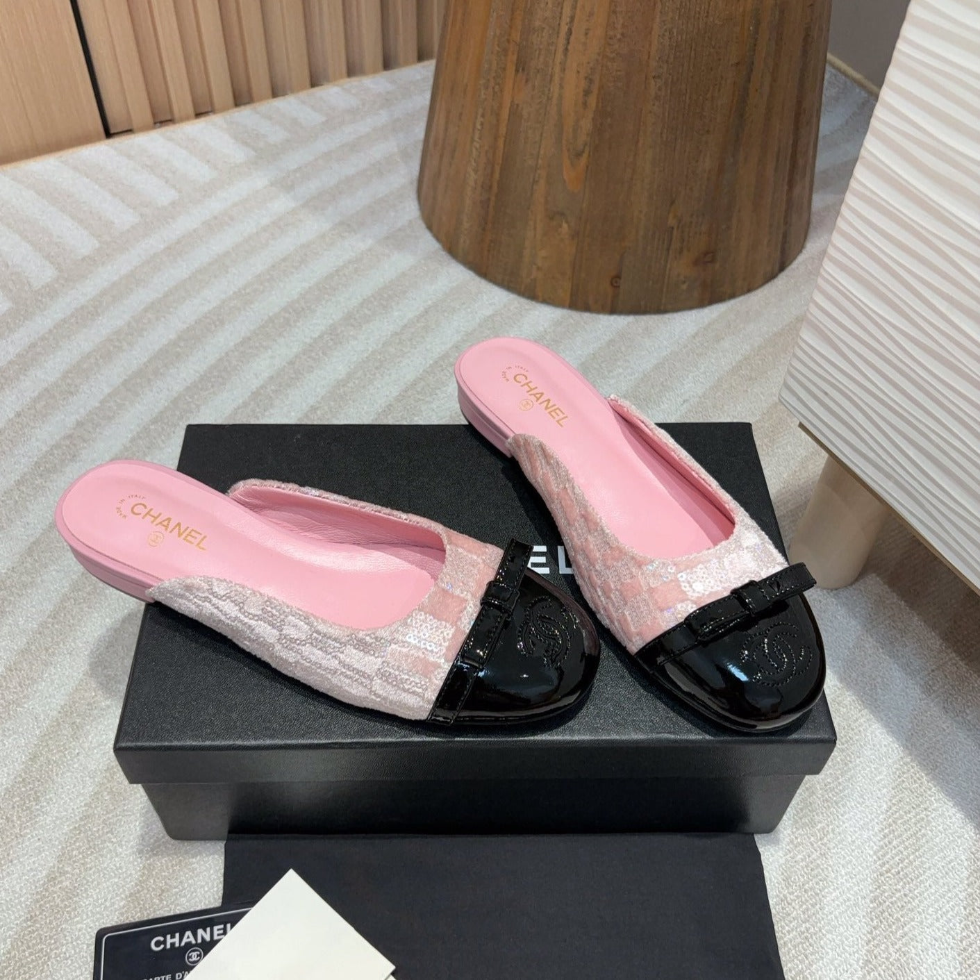 cc mule pink tweed sequin black patent calfskin