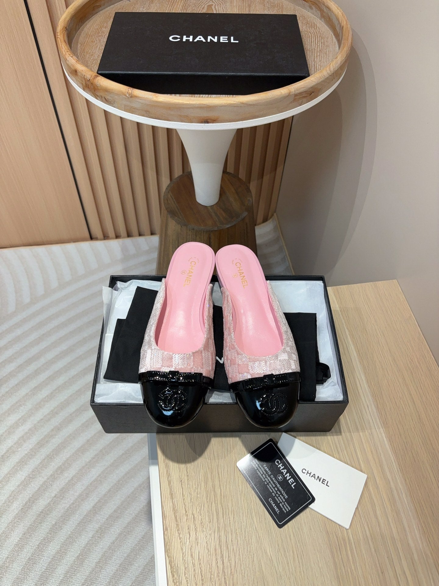 cc mule pink tweed sequin black patent calfskin