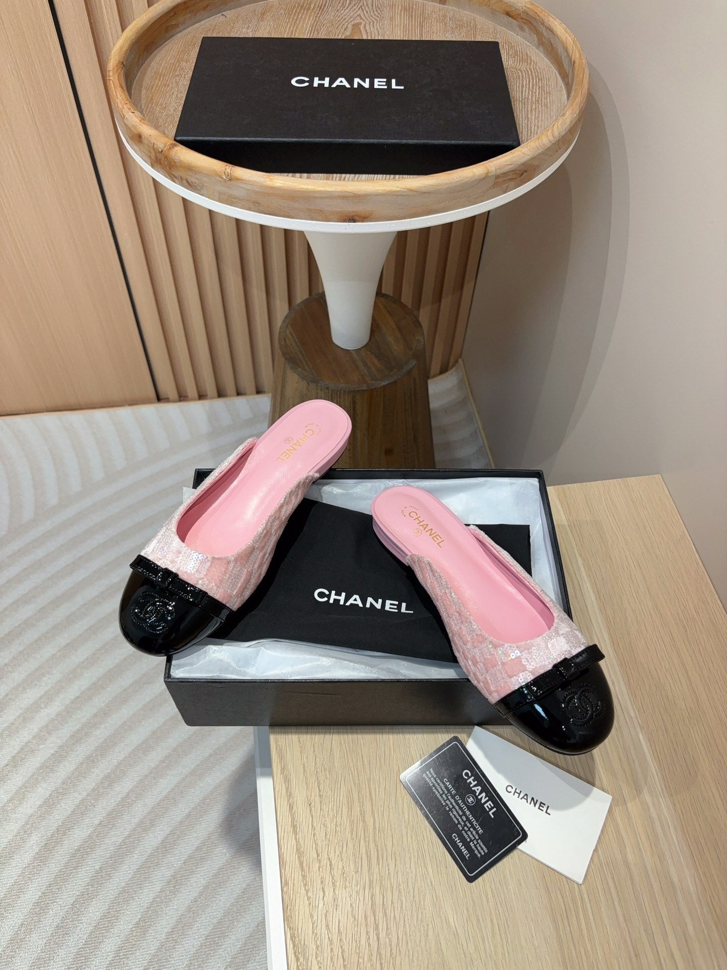 cc mule pink tweed sequin black patent calfskin