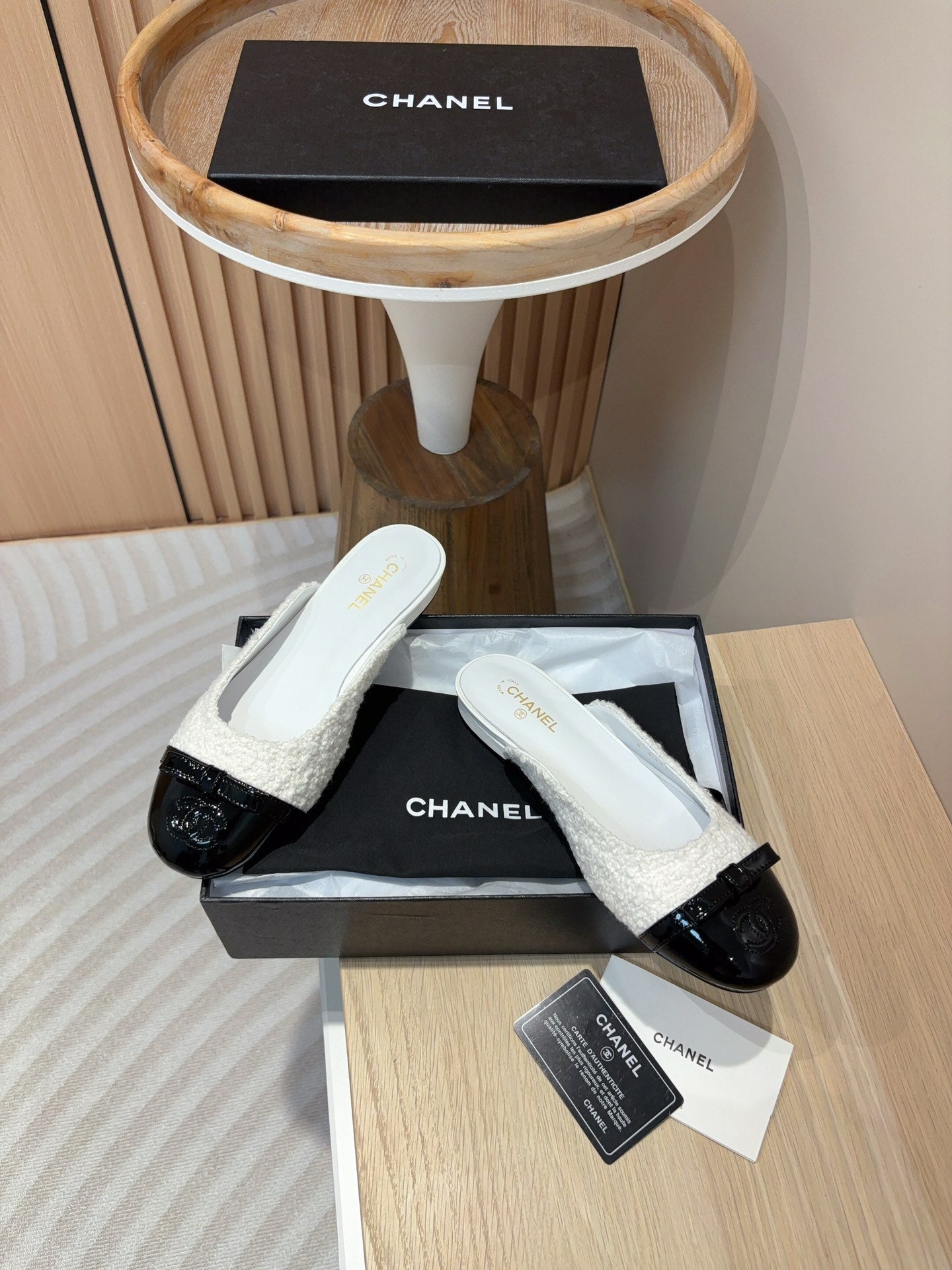 cc mule white tweed black patent calfskin