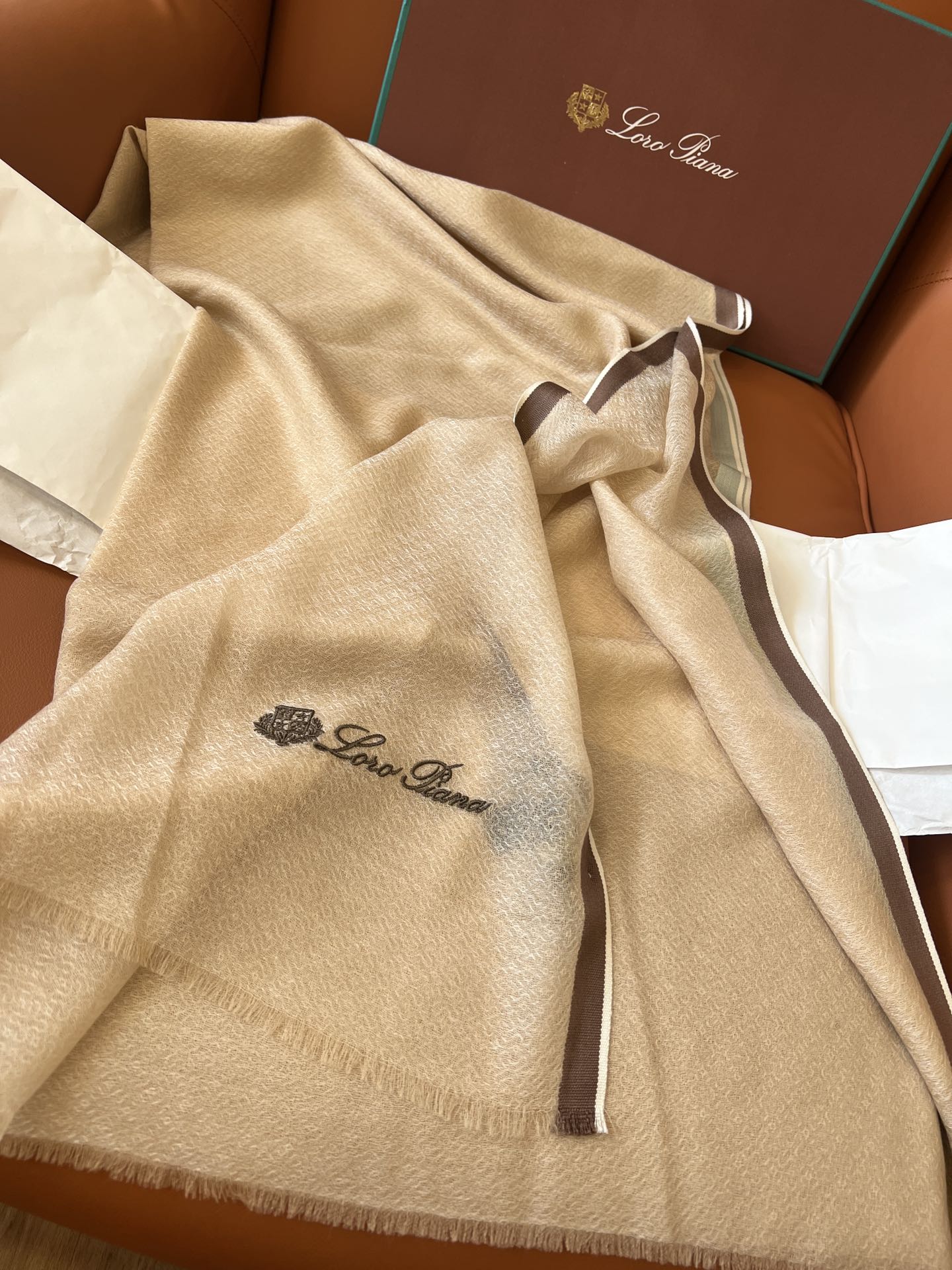 LP Quadrata Rainbow Scarf 210 CM In Camel Beige Thin Silk Woven With Wool 428594