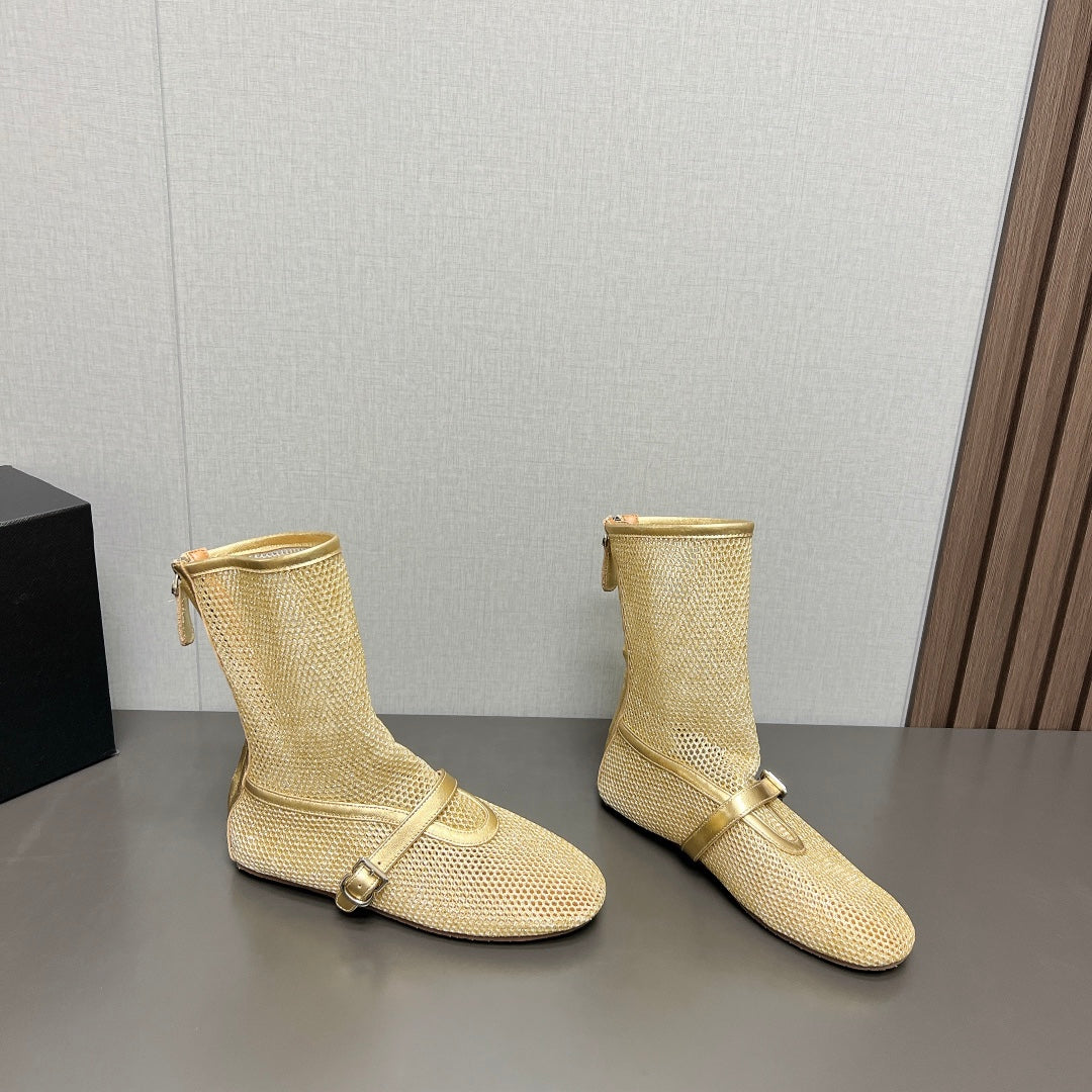 ALAIA SHORT BOOTS IN GOLD MESH FISHNET