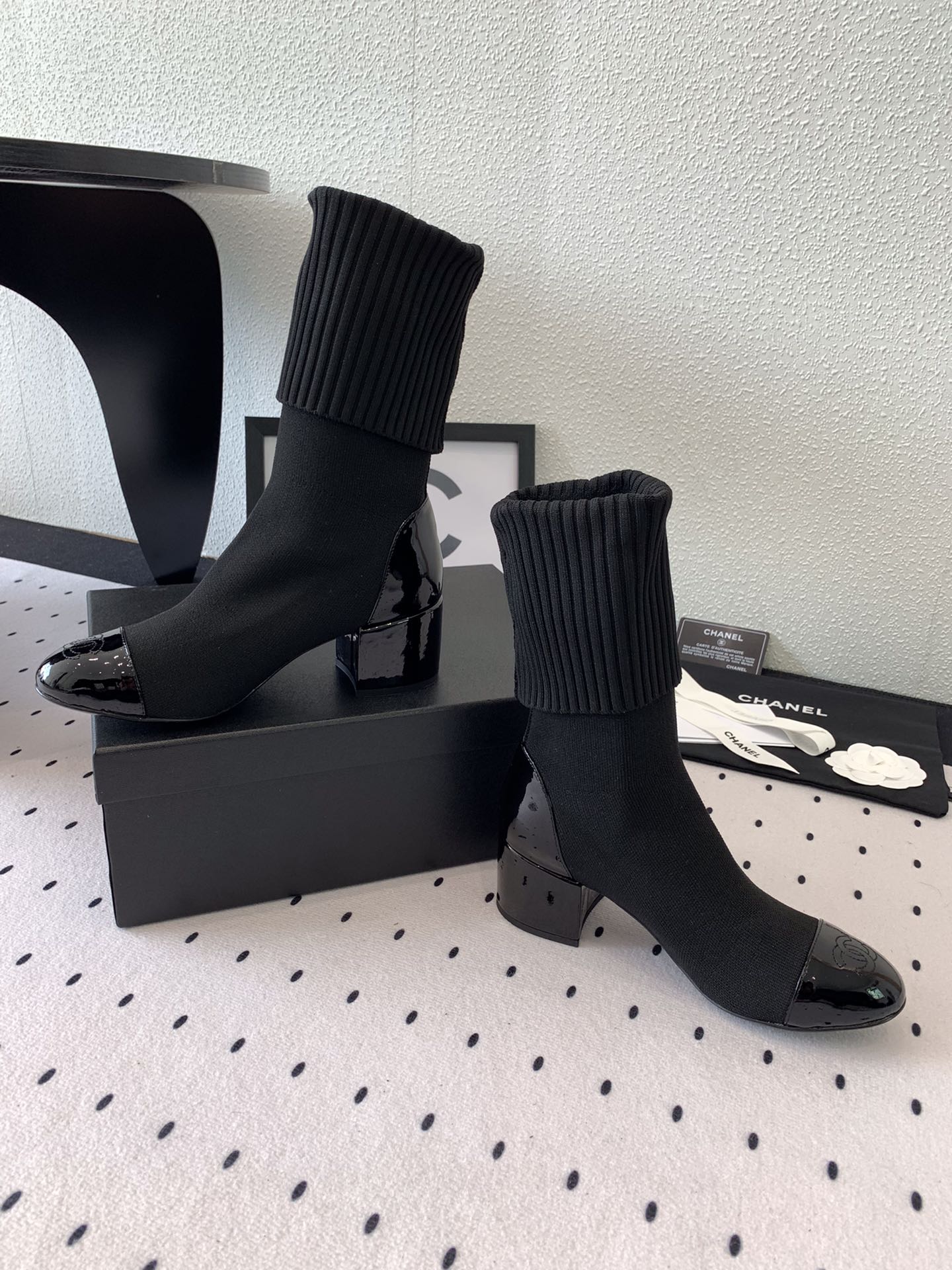 CC Short Boots 55mm Black Wool Mix Glossy Cowhide 938066