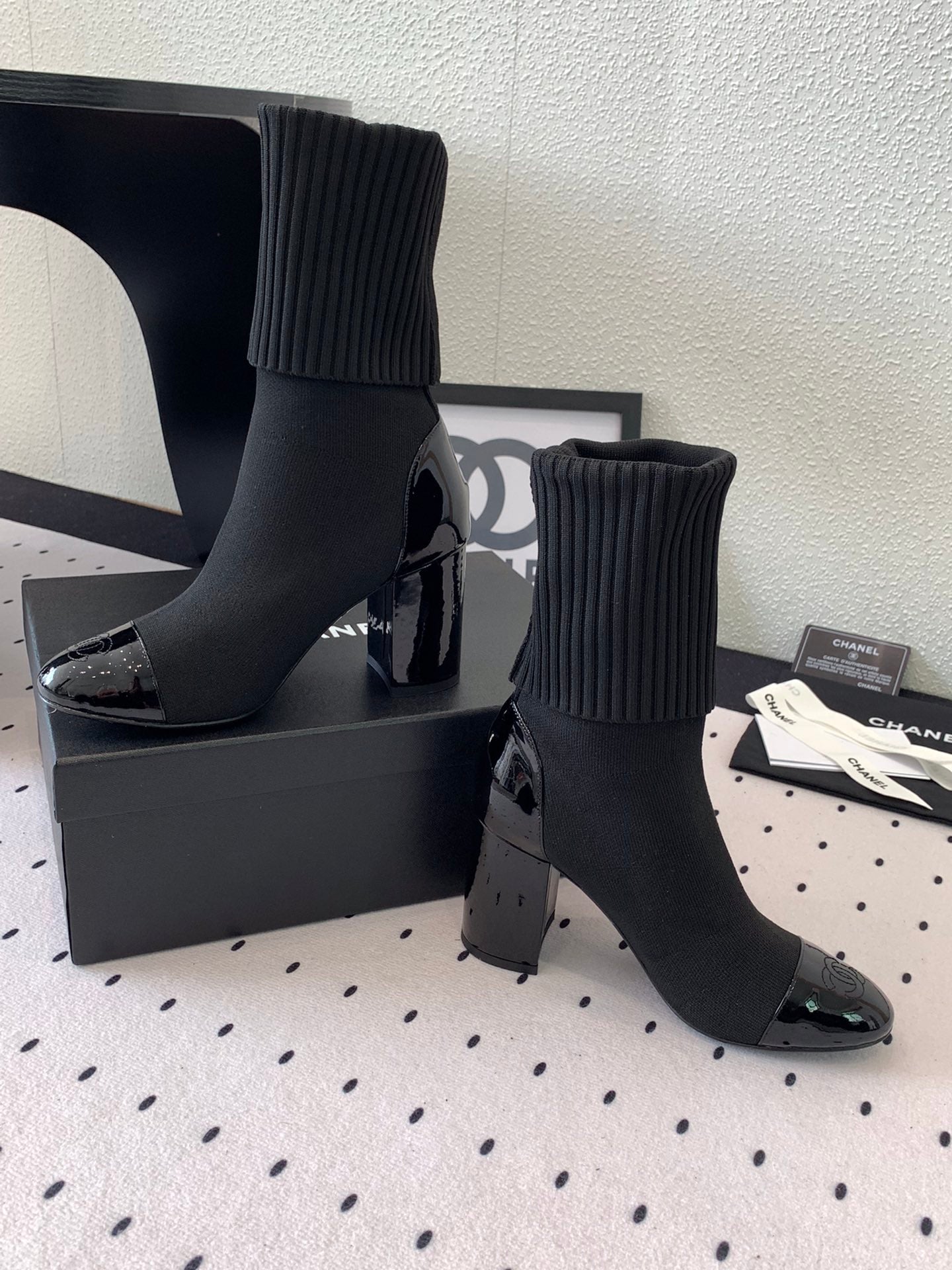 CC Short Boots 85mm Black Wool Mix Glossy Cowhide 938068