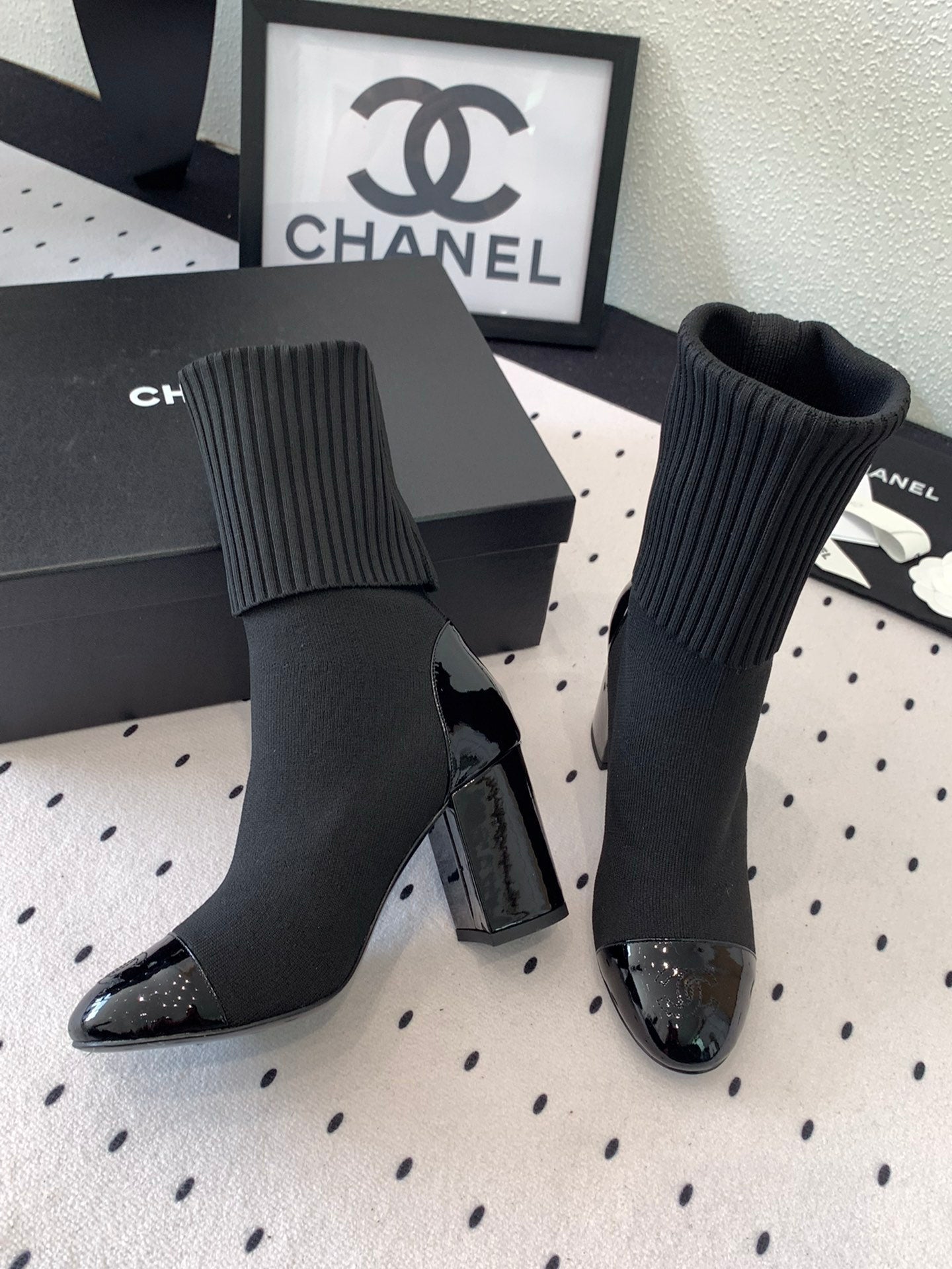 CC Short Boots 85mm Black Wool Mix Glossy Cowhide 938068