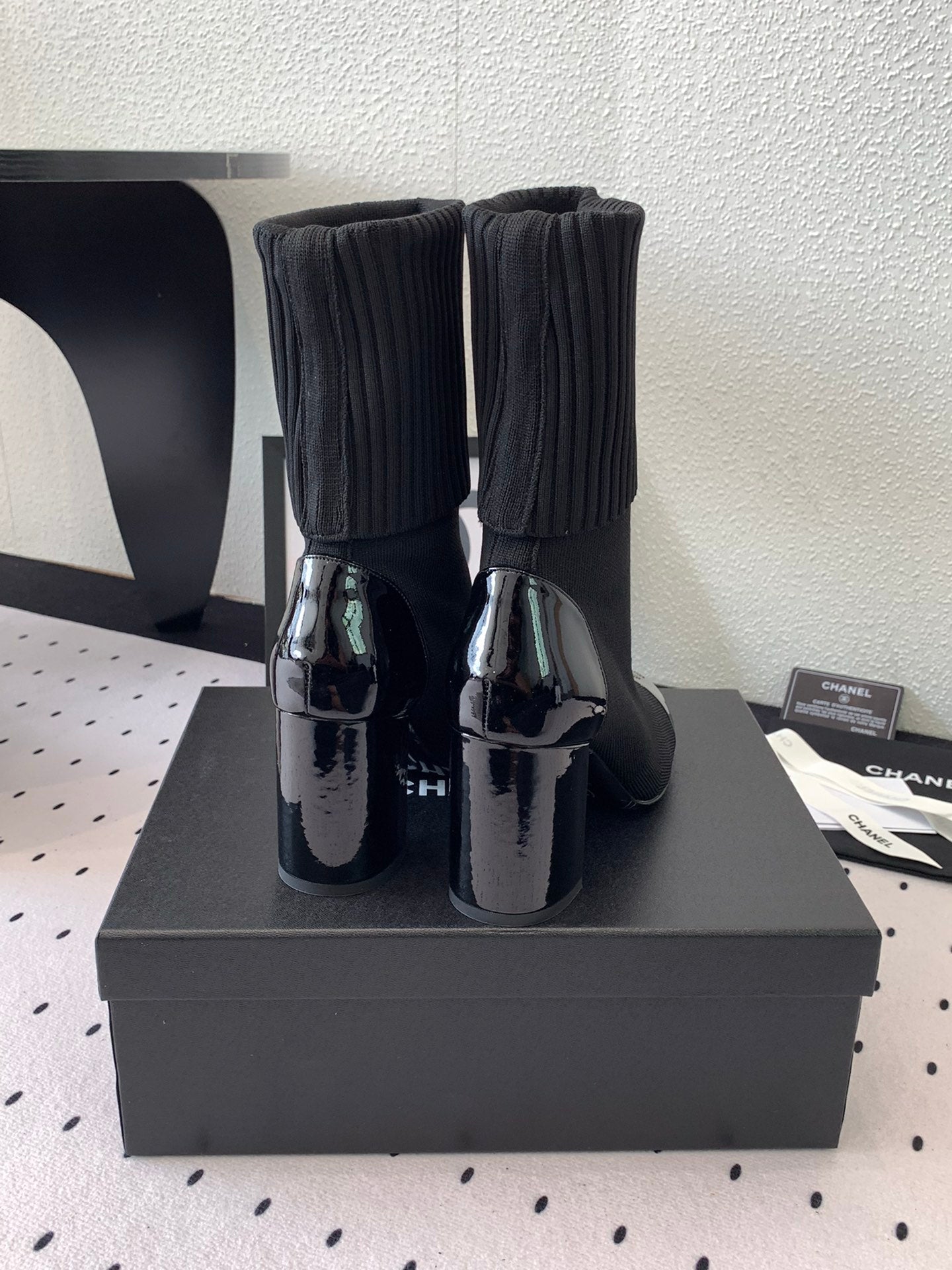 CC Short Boots 85mm Black Wool Mix Glossy Cowhide 938068