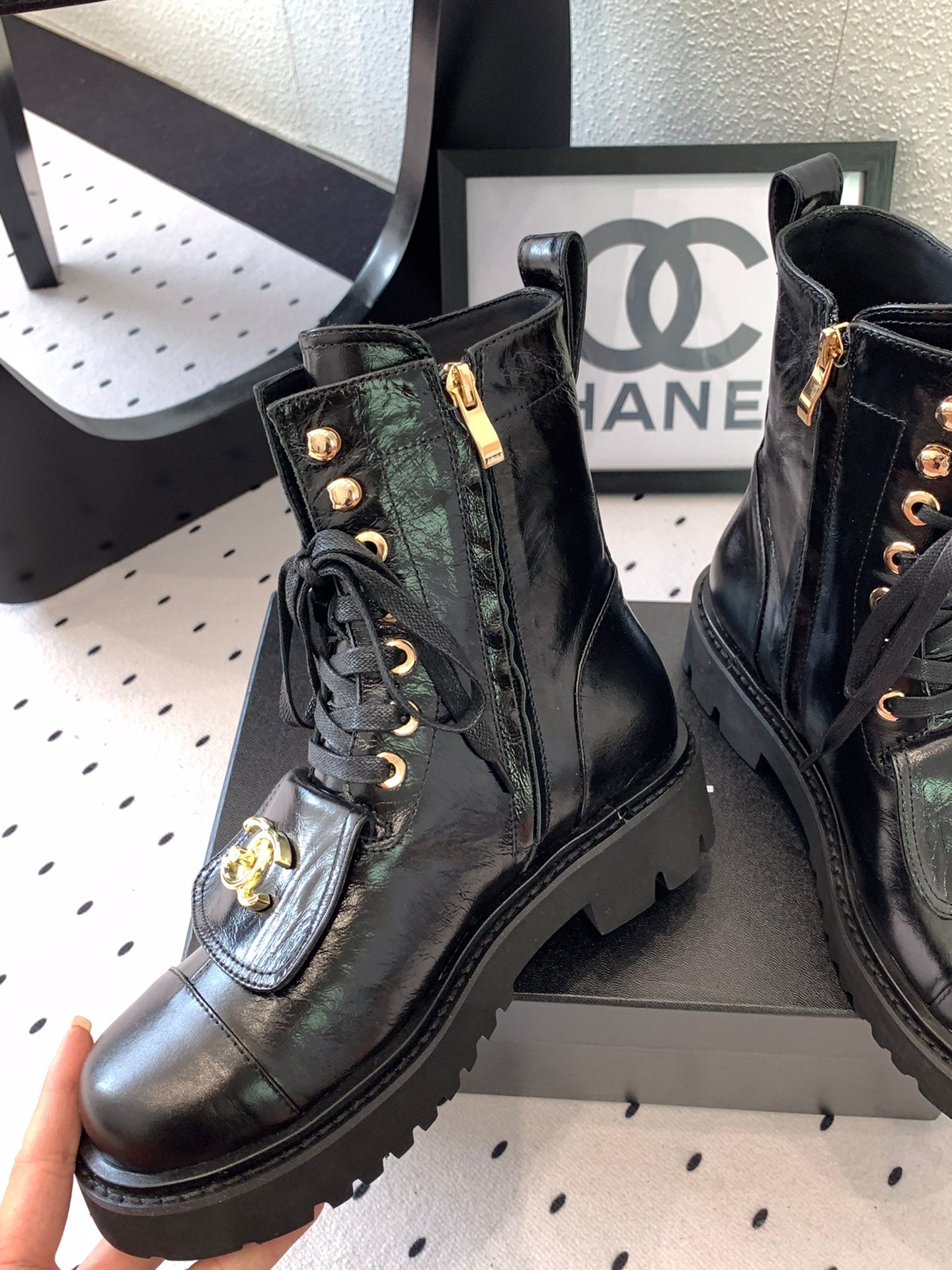 CC Short Boots In Black Logo Print Lambskin  938057