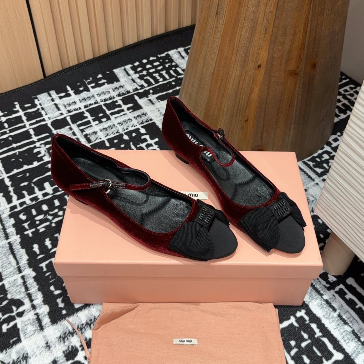 Miu Ballet Flat Wine Red And Black Velvet