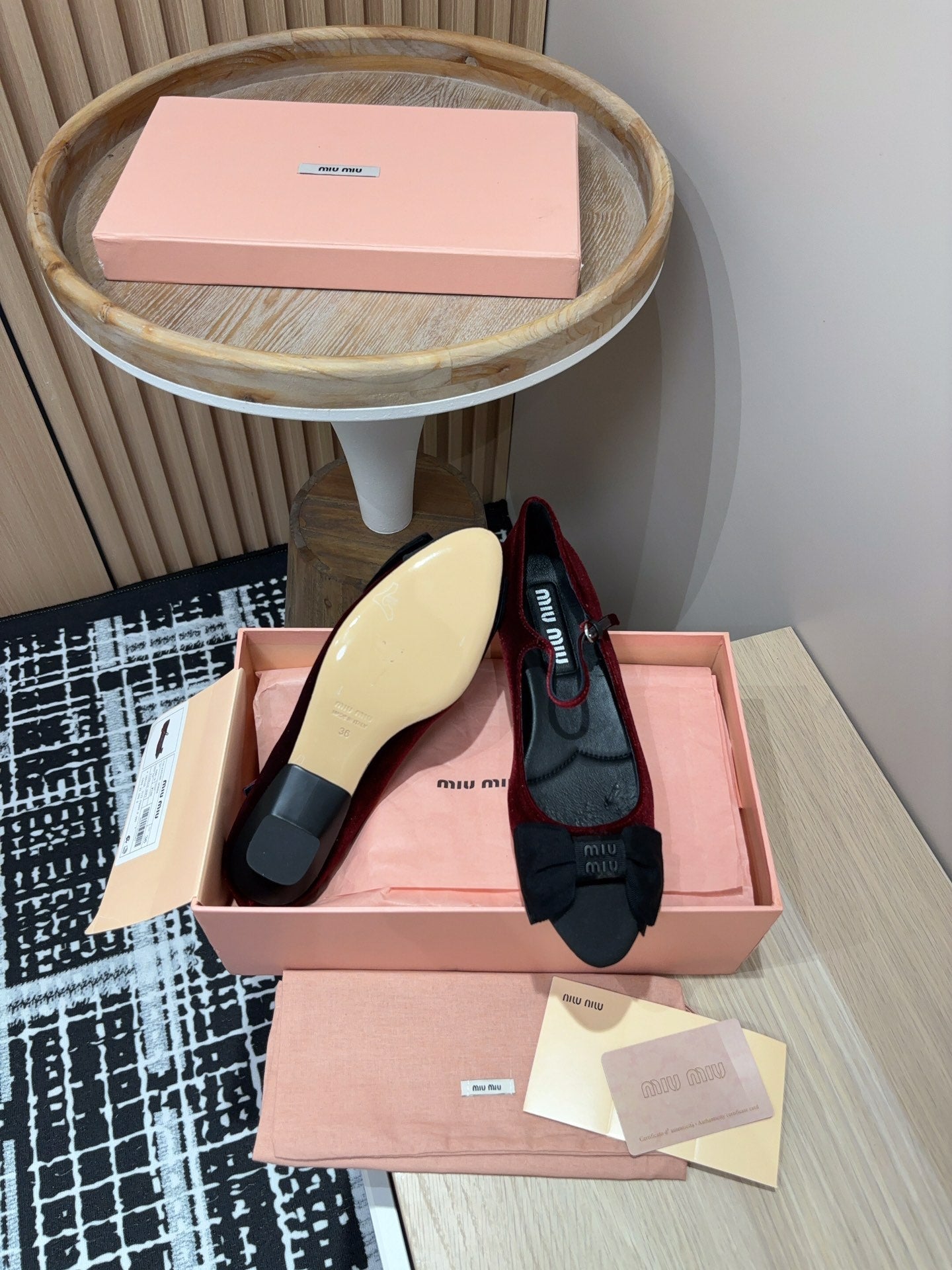Miu Ballet Flat Wine Red And Black Velvet