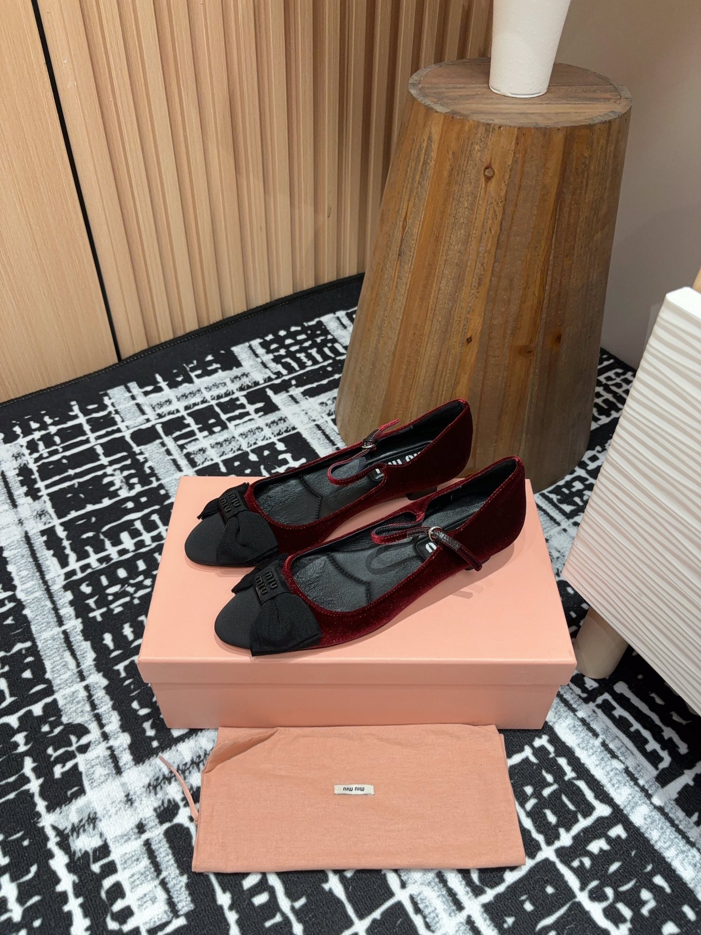 Miu Ballet Flat Wine Red And Black Velvet