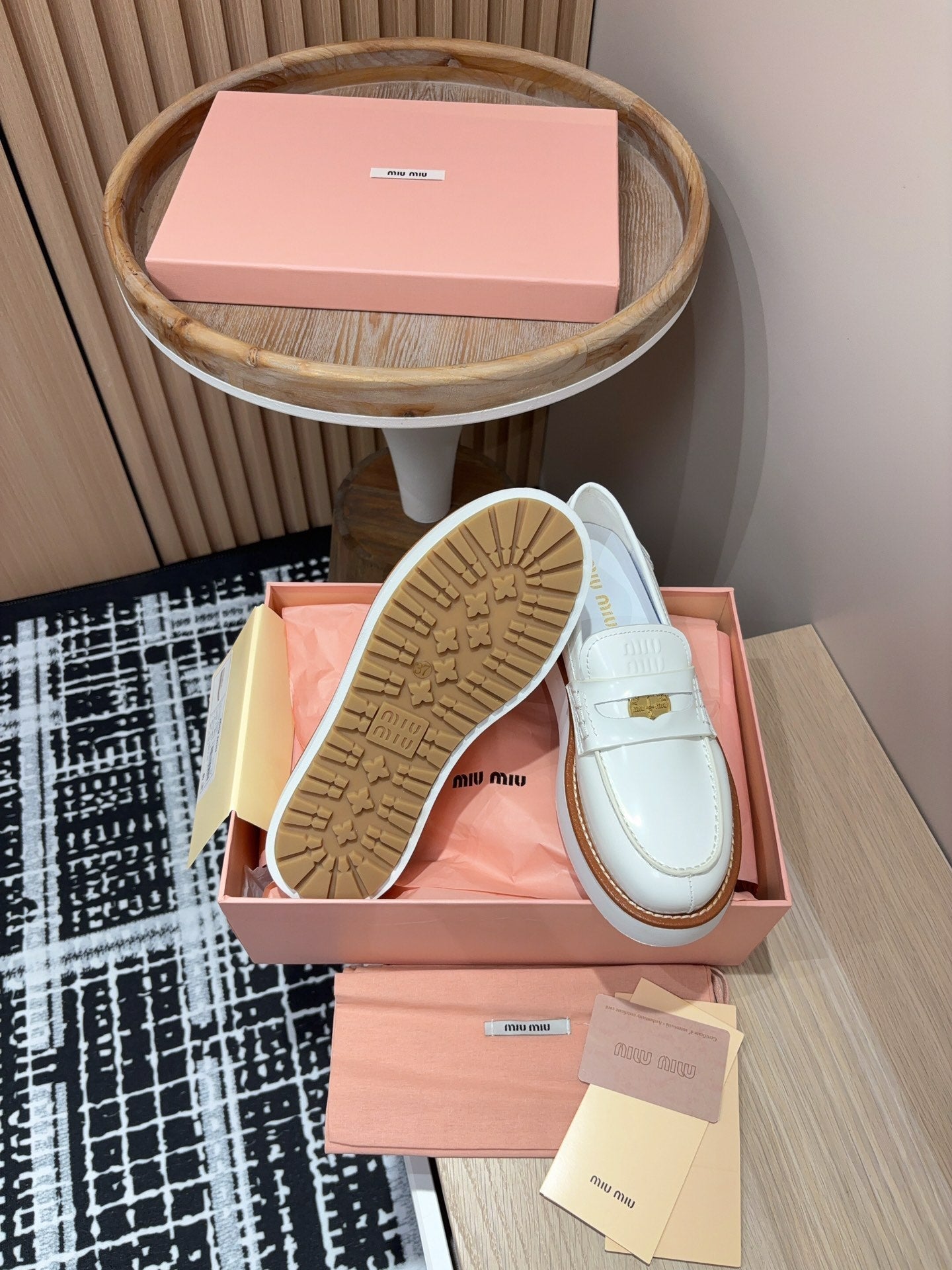 Miu Loafers Coin Shaped Thick Sole White With Brown Border Cowhide