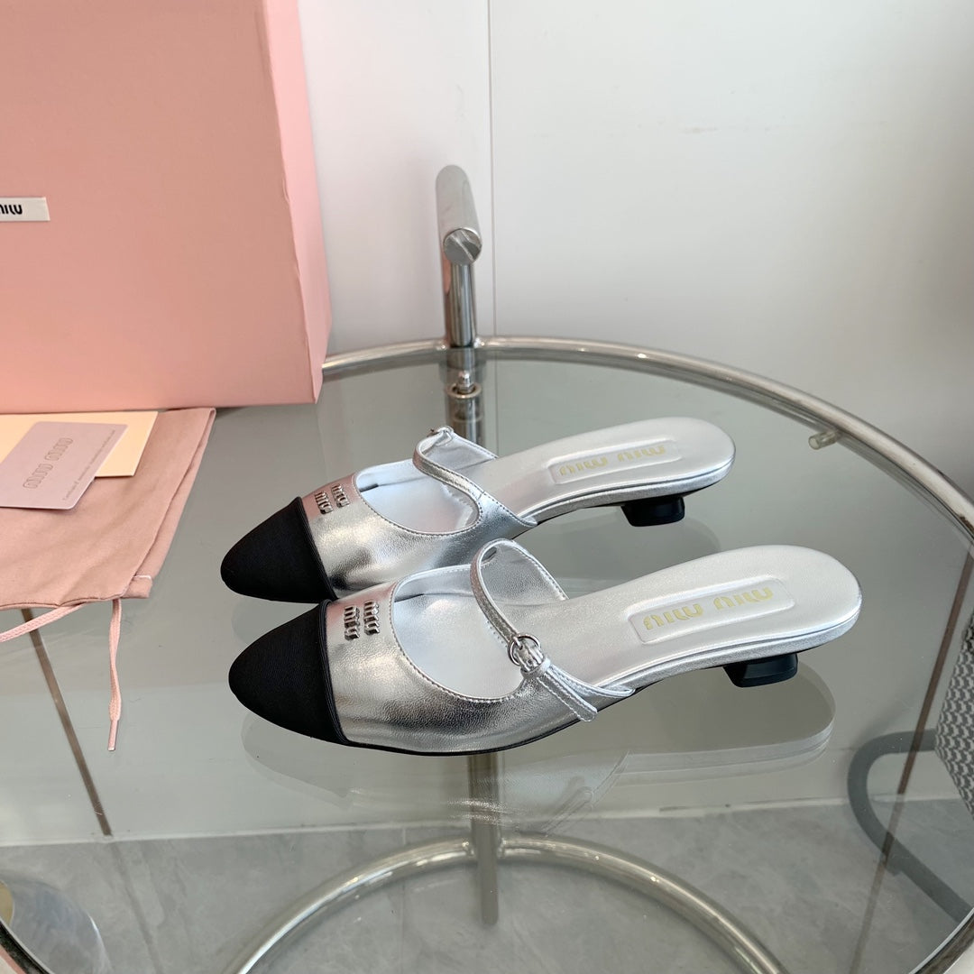 Miu Sandals Square Heel Shoes Silver Leather
