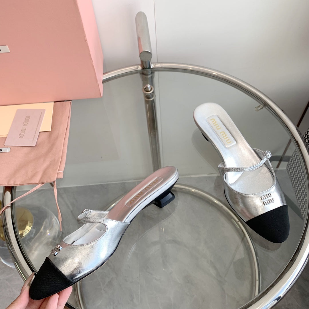 Miu Sandals Square Heel Shoes Silver Leather