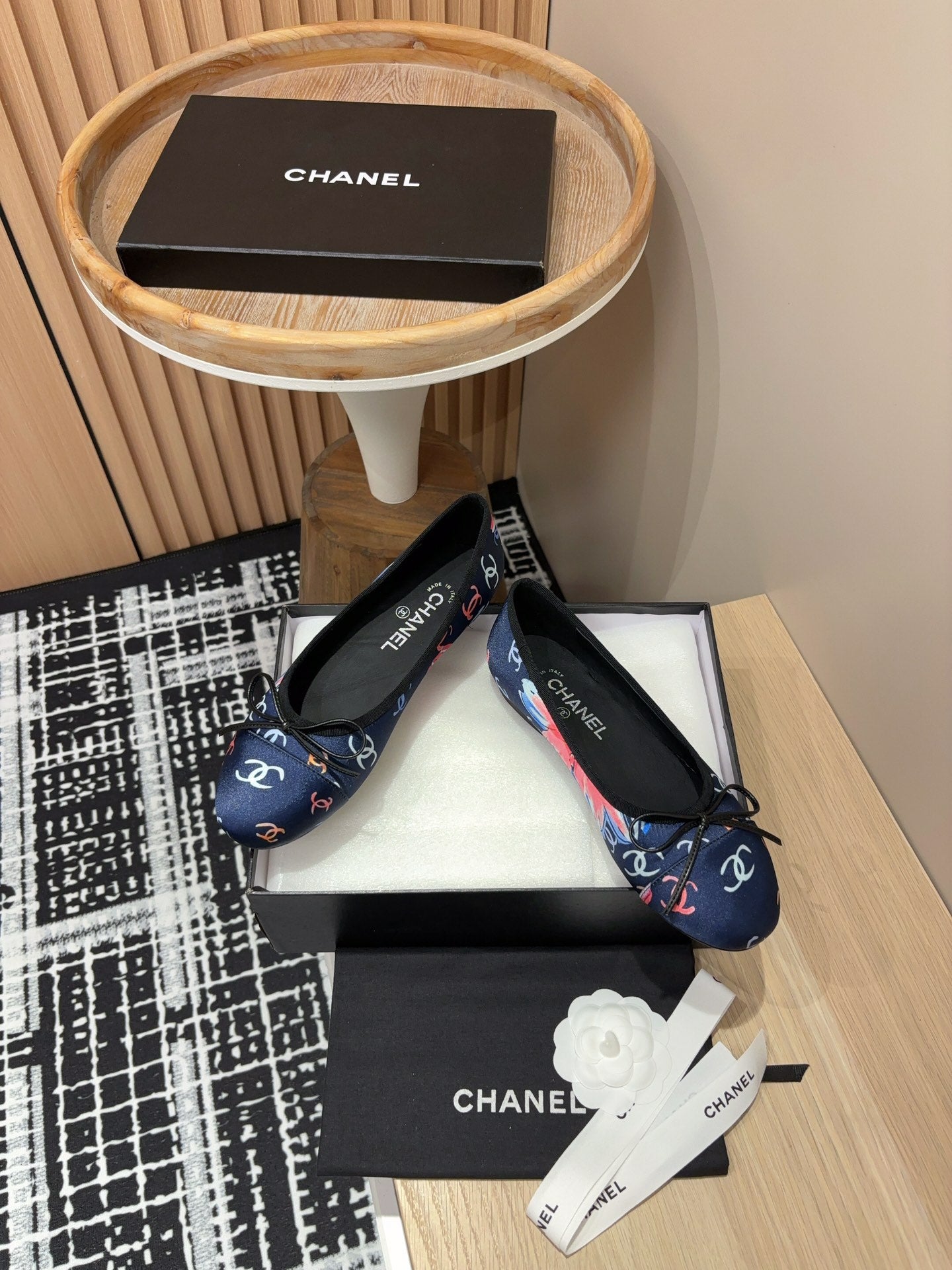 CC Ballet Flats Dark Blue Silk Flowers And Lambskin