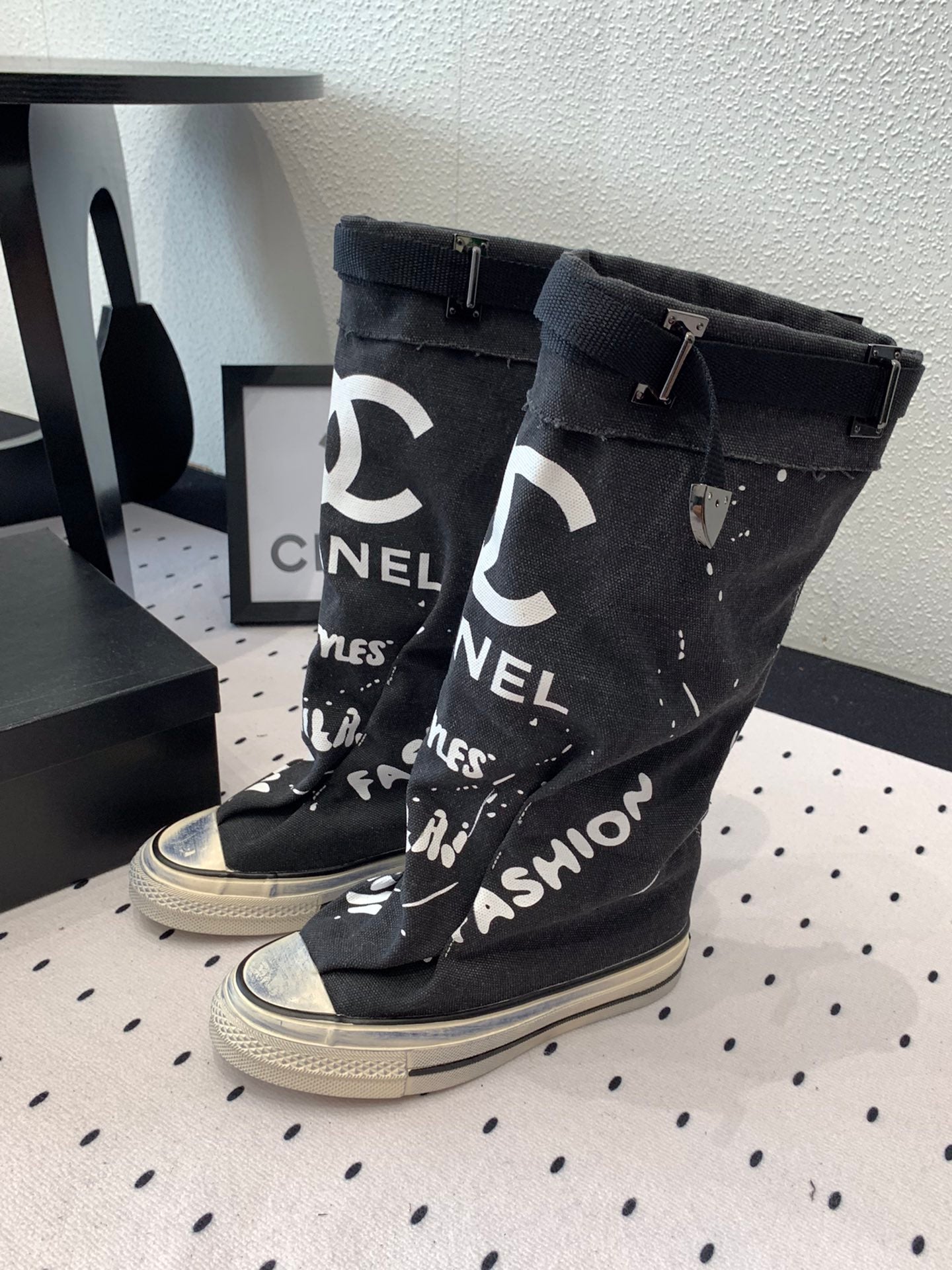 CC High-Top Canvas Boots Black White Denim Fabric  938046