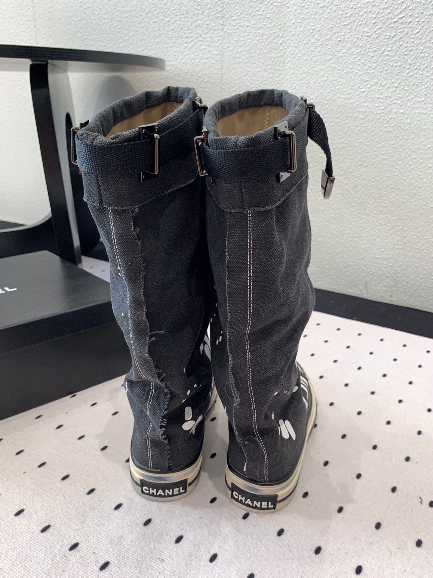 CC High-Top Canvas Boots Black White Denim Fabric  938046