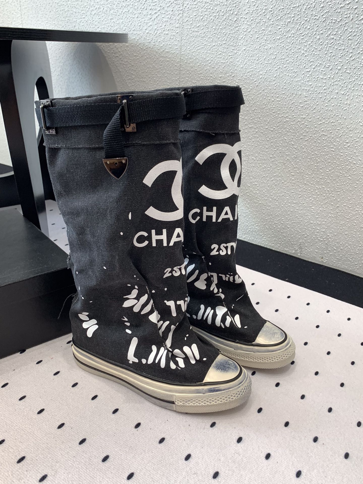 CC High-Top Canvas Boots Black White Denim Fabric  938046