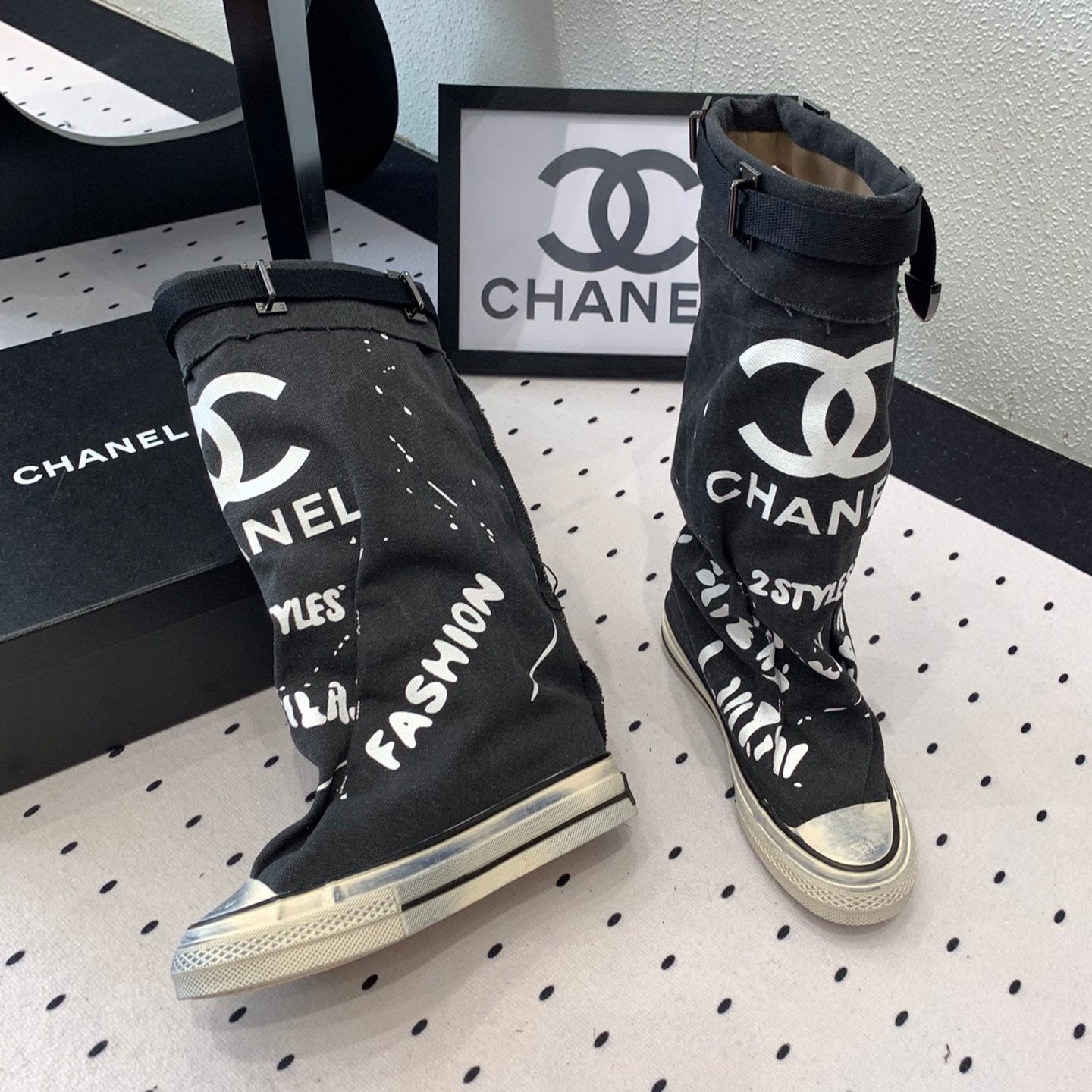 CC High-Top Canvas Boots Black White Denim Fabric  938046