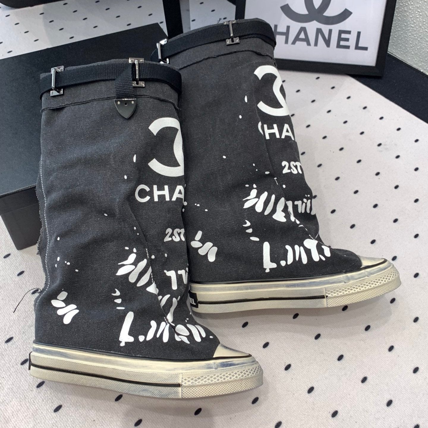 CC High-Top Canvas Boots Black White Denim Fabric  938046