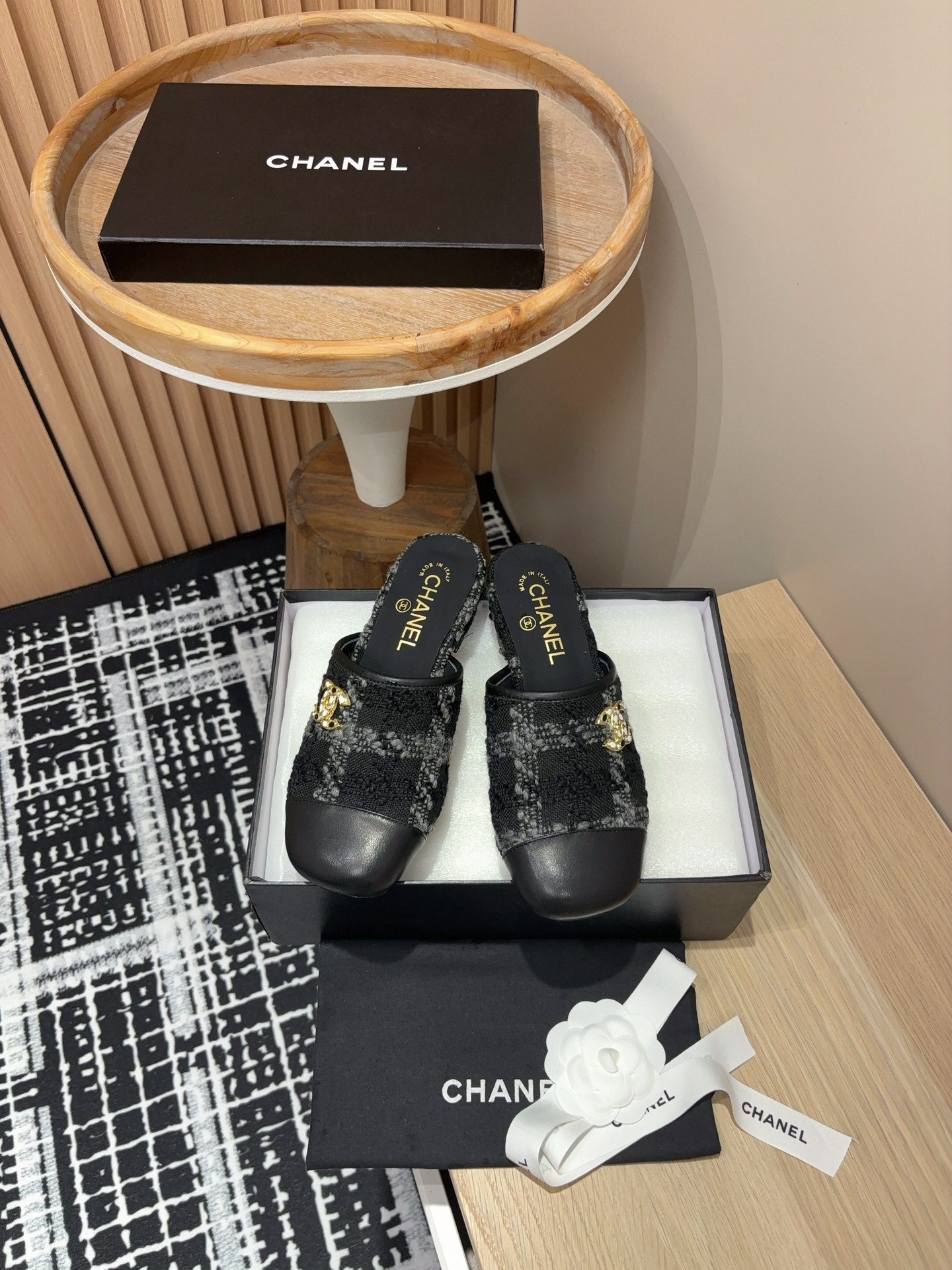 CC Mule 30mm In Black Wool Tweed And Lambskin Gold Hardware