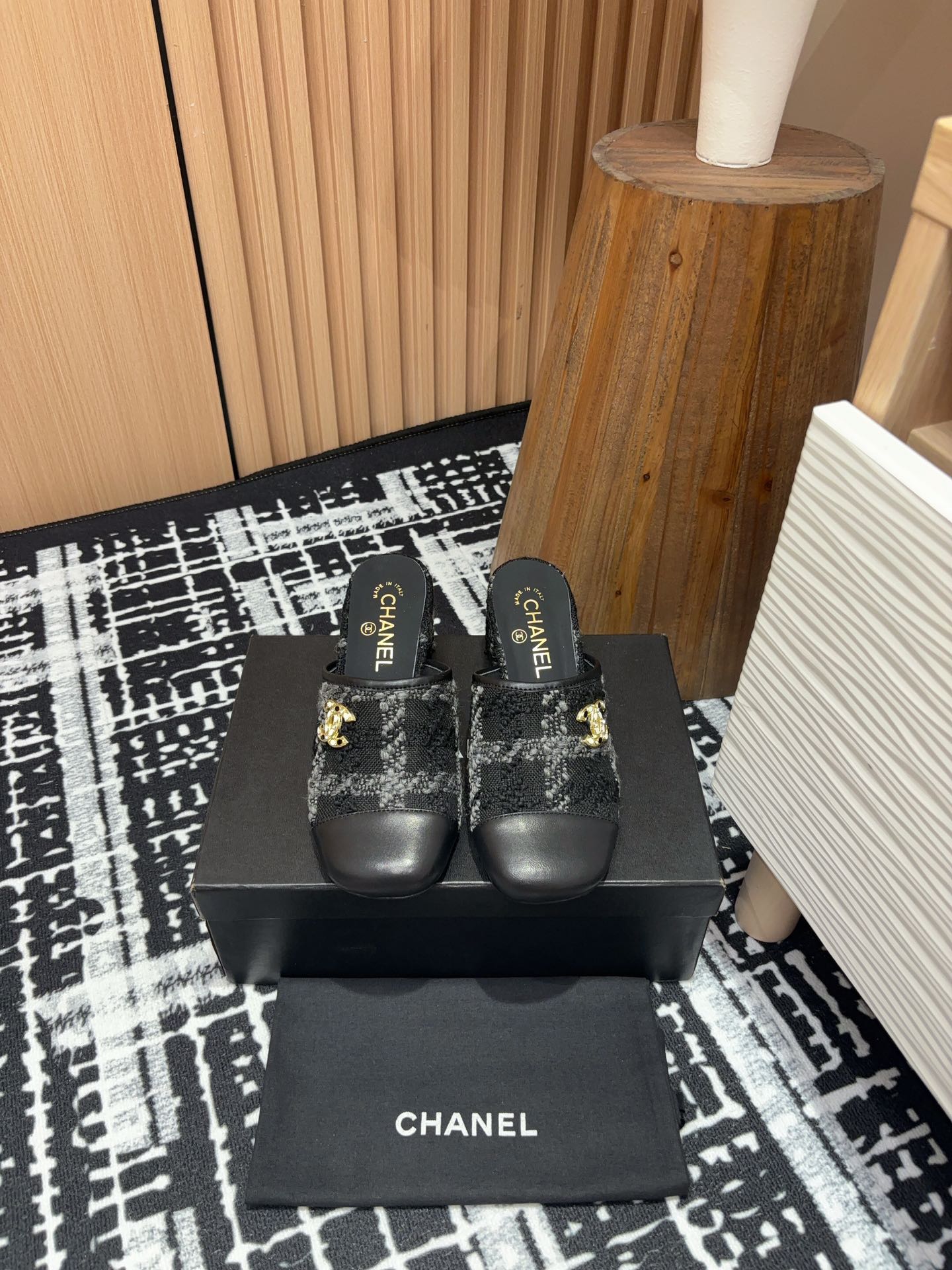 CC Mule 60mm In Black Wool Tweed And Lambskin Gold Hardware