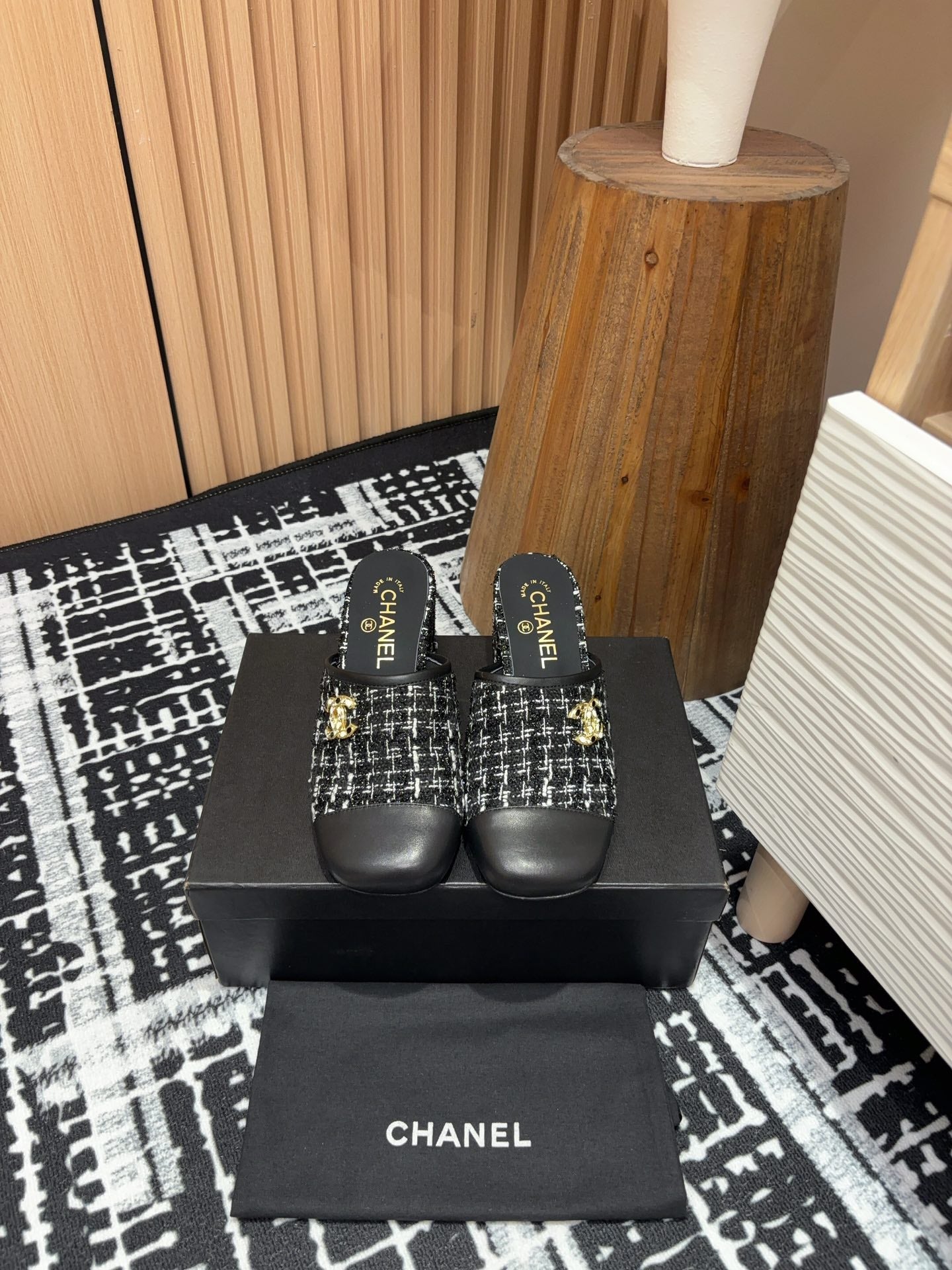 CC Mule 60mm In Black Mix White Wool Tweed And Lambskin