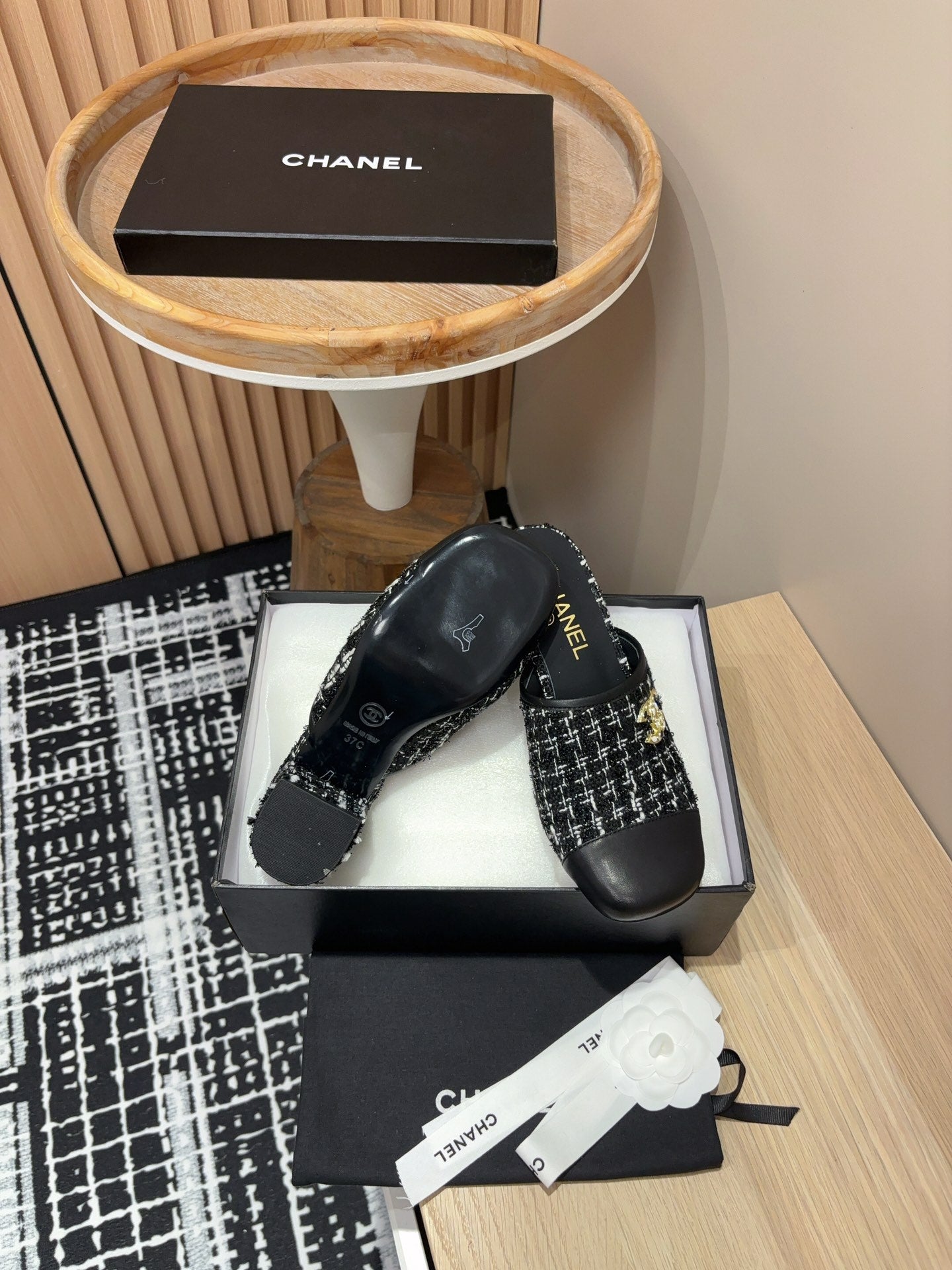 CC Mule 60mm In Black Mix White Wool Tweed And Lambskin