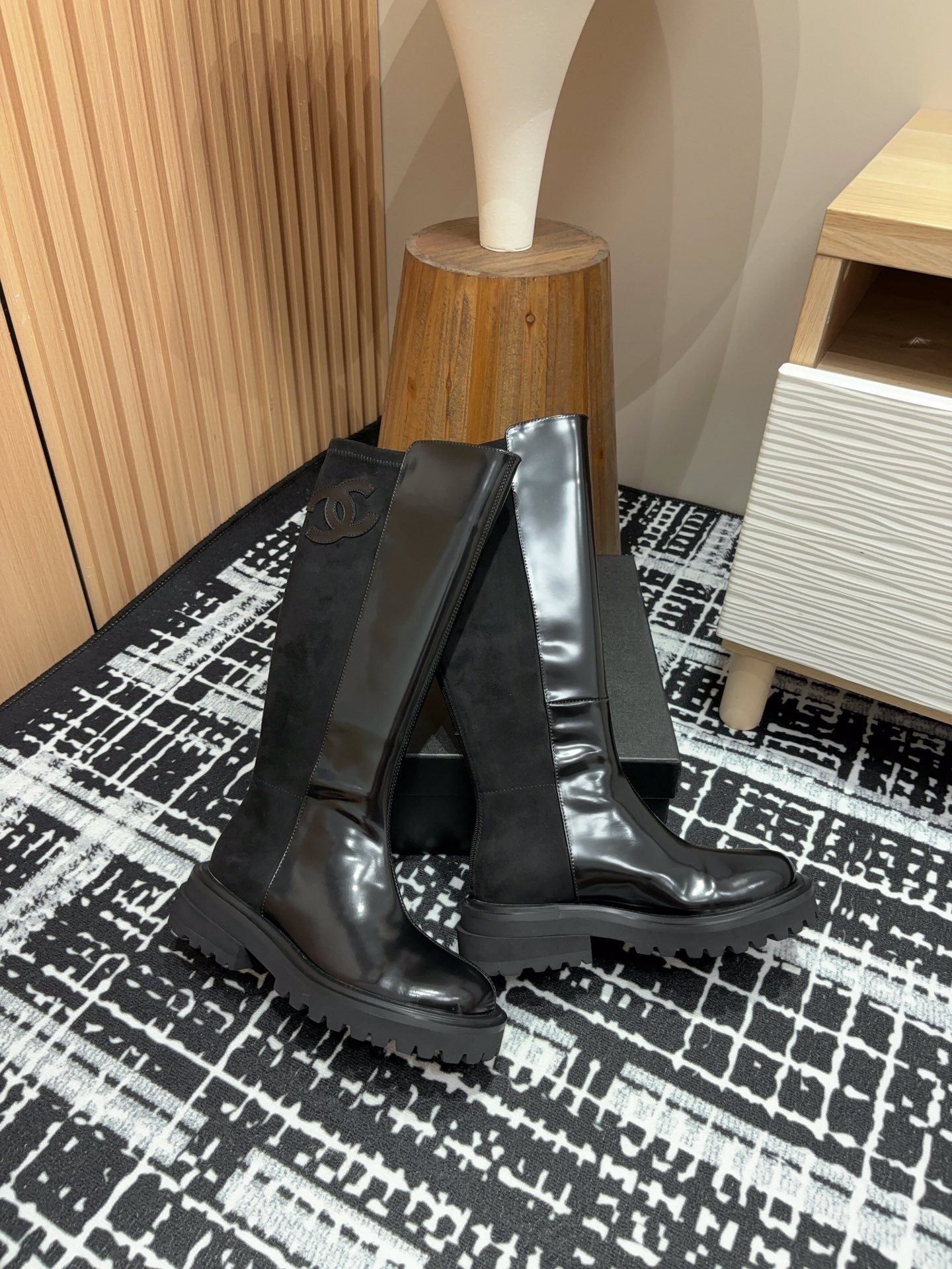 CC High Boots 45mm Glossy Black Calfskin And Suede