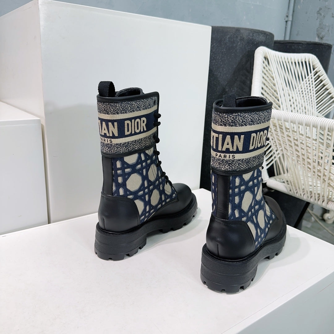 CD Major Ankle Boots Black Navy Blue Calfskin And Fabric Canvas
