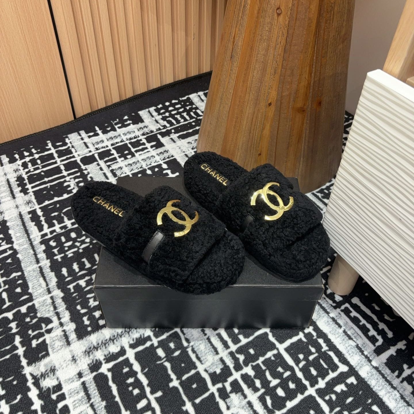 CC Slippers Black Wool Fleece