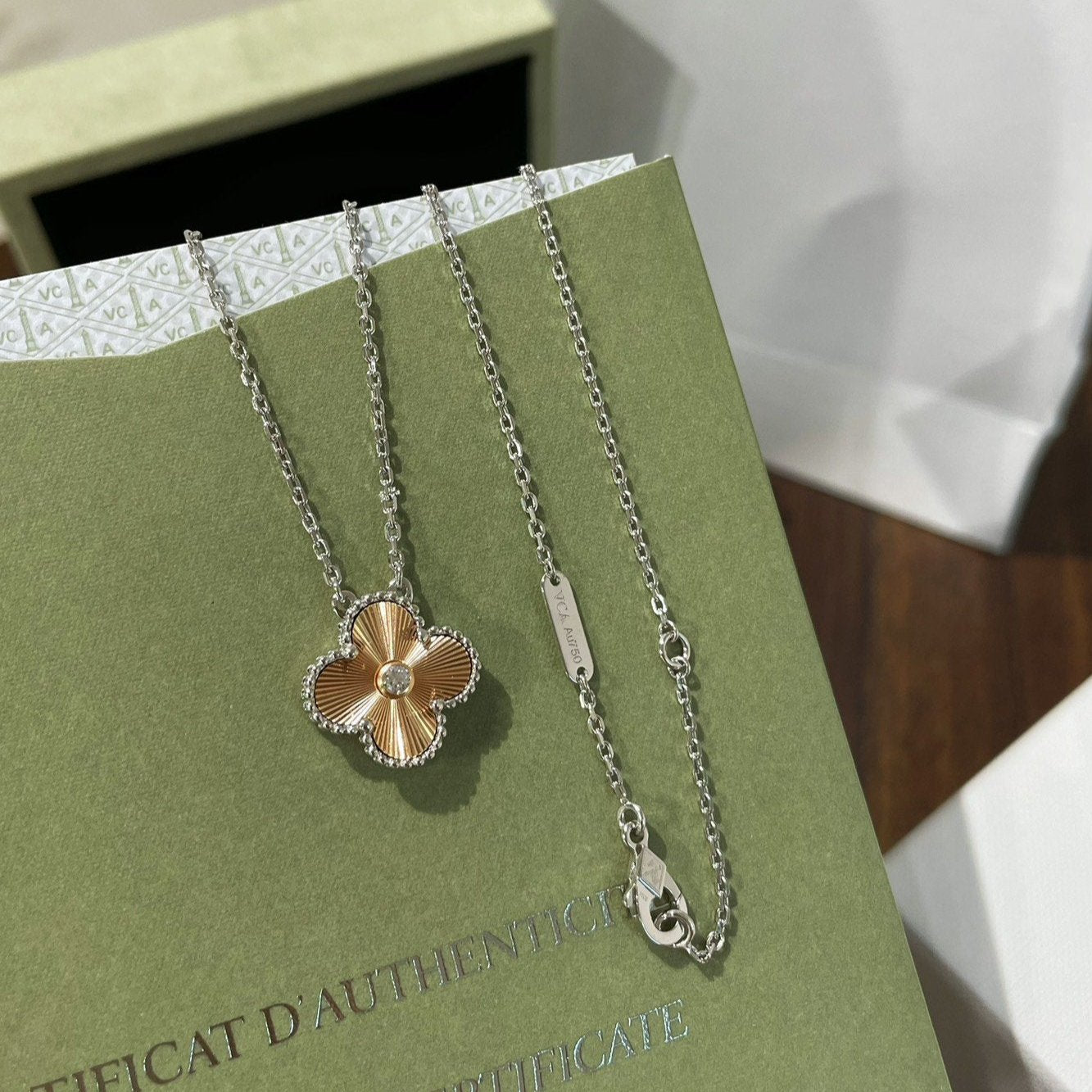 CLOVER 1 DIAMOND PINK GOLD SILVER NECKLACE