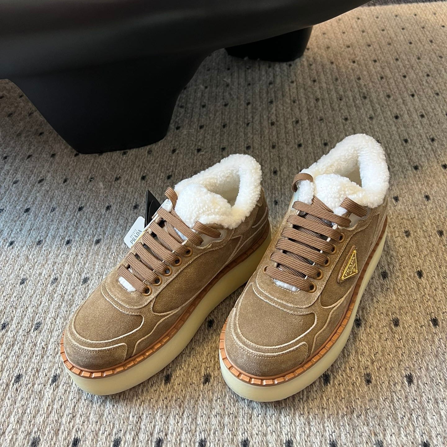 Prada 25s Mid-Top Sneaker Light Brown Suede And Wool 538433