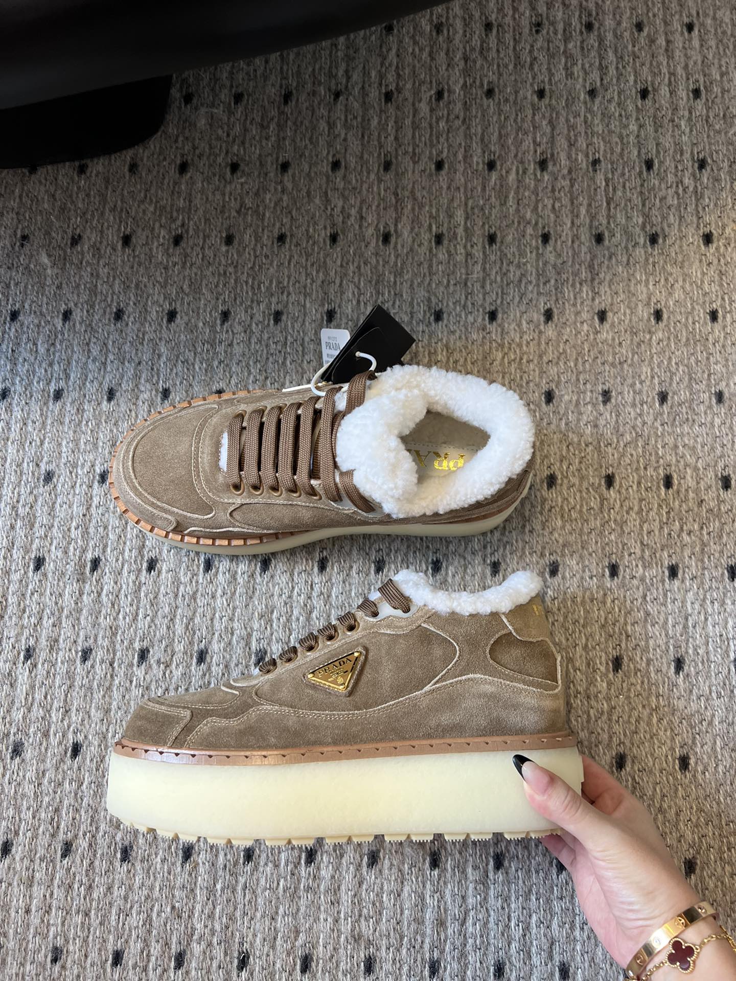 Prada 25s Mid-Top Sneaker Light Brown Suede And Wool 538433