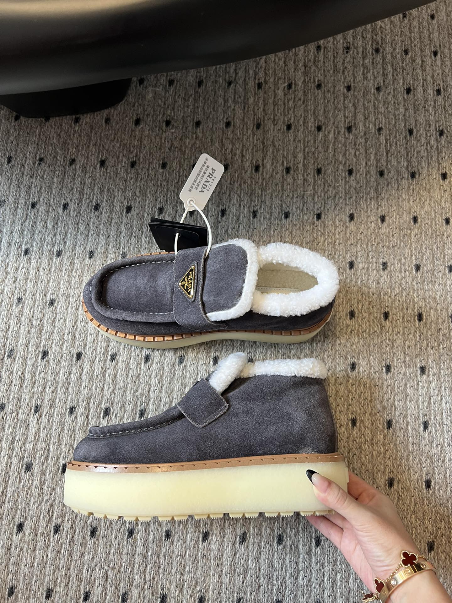 Prada 25s platform ankle boots dark gray suede and wool 538441