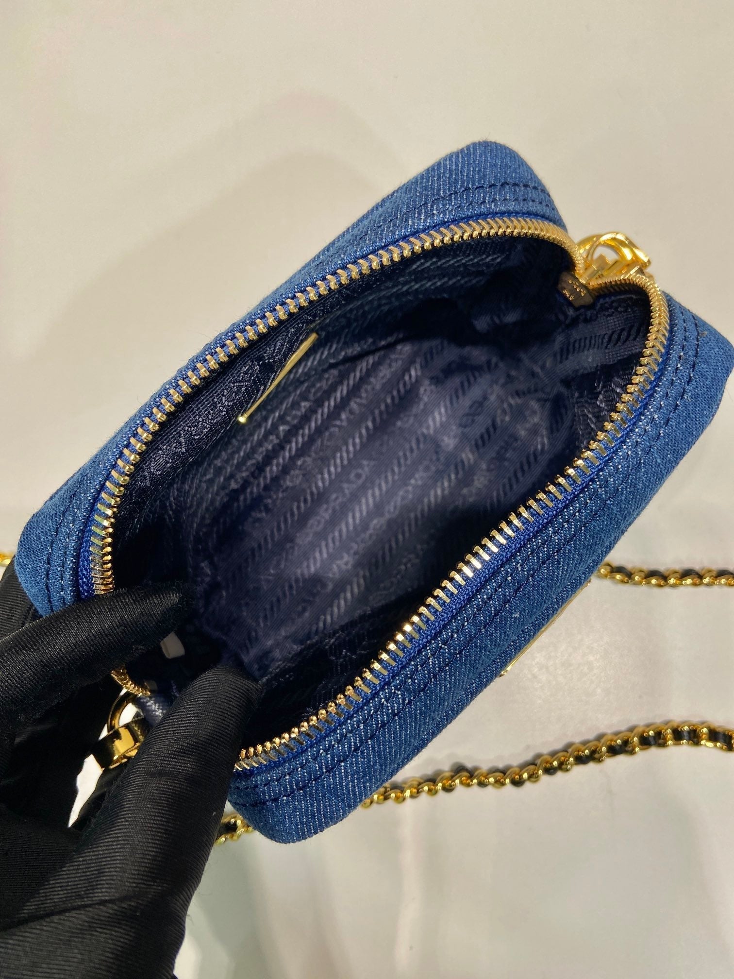 MINI BAG 14 IN AZURE BLUE DENIM GOLD HARDWARE