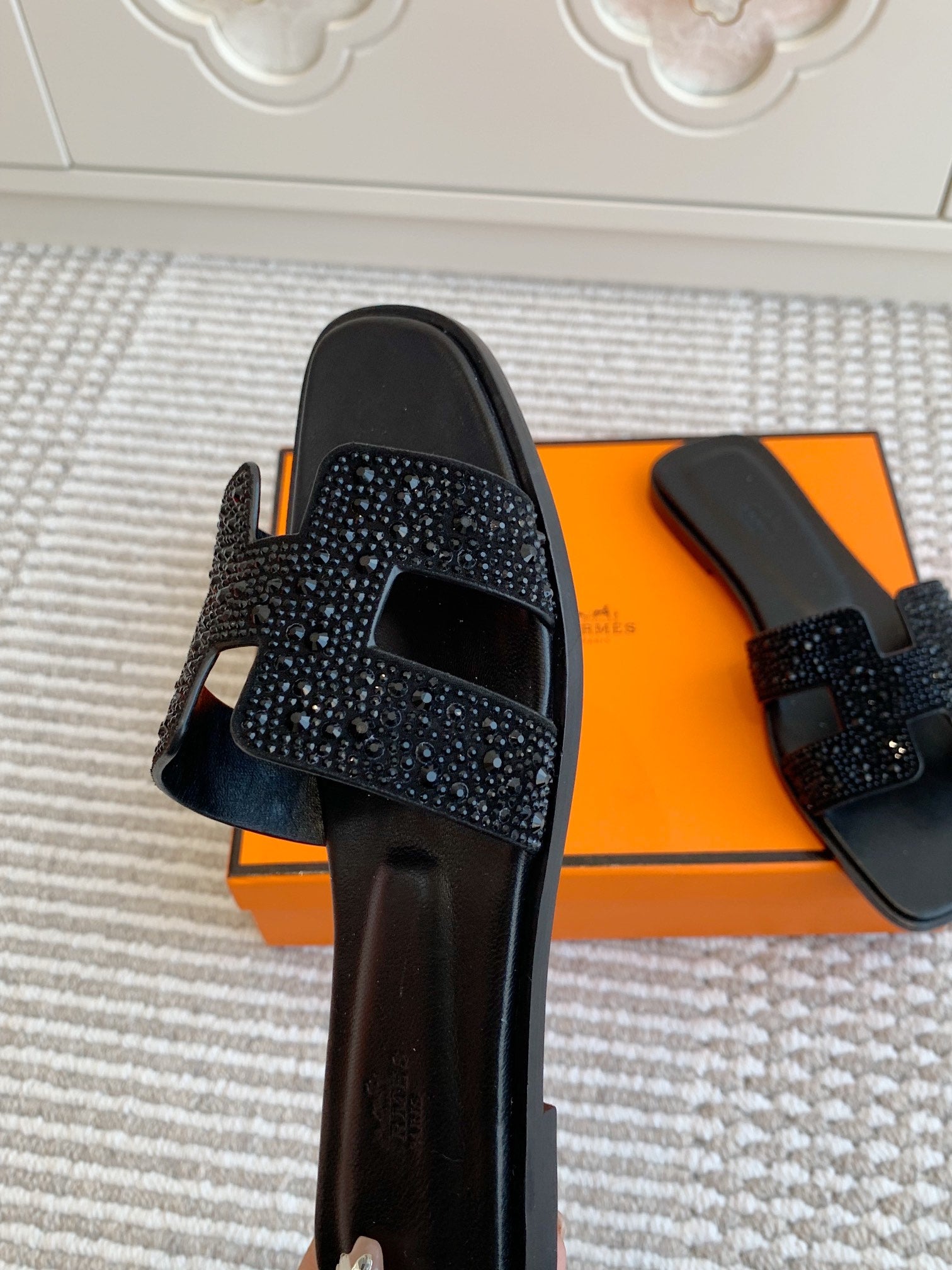 HM Oran Rhinestone Sandals Black Suede Goatskin 291391